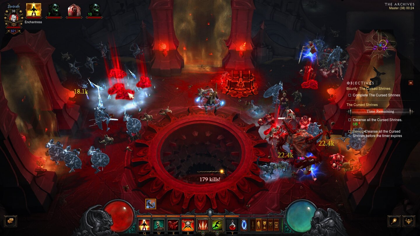 Diablo 3: Rise of the NecromancerEin weiterer klassischer Nekromanten-Skill, der sich radikal anders anfühlt: Erneut kann der Tötenbeschwörer fast jedes Monster per Wiederbeleben erwecken (die erscheinen dann als graue Versionen ihres lebendigen Selbst), aber auch die bleiben nur kurz. Weil dieser Zauber aber keine Ressourcen kostet, kann der Nekromant so lange für Nachschub sorgen, wie es Leichen gibt.