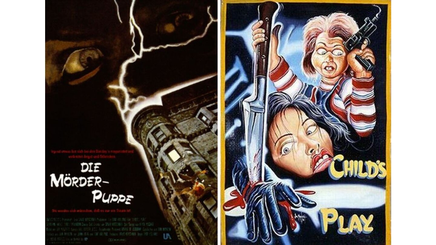 Die kuriosesten Filmposter aus aller Welt: Chucky – Die Mörderpuppe (links: Deutschland; rechts: Ghana)