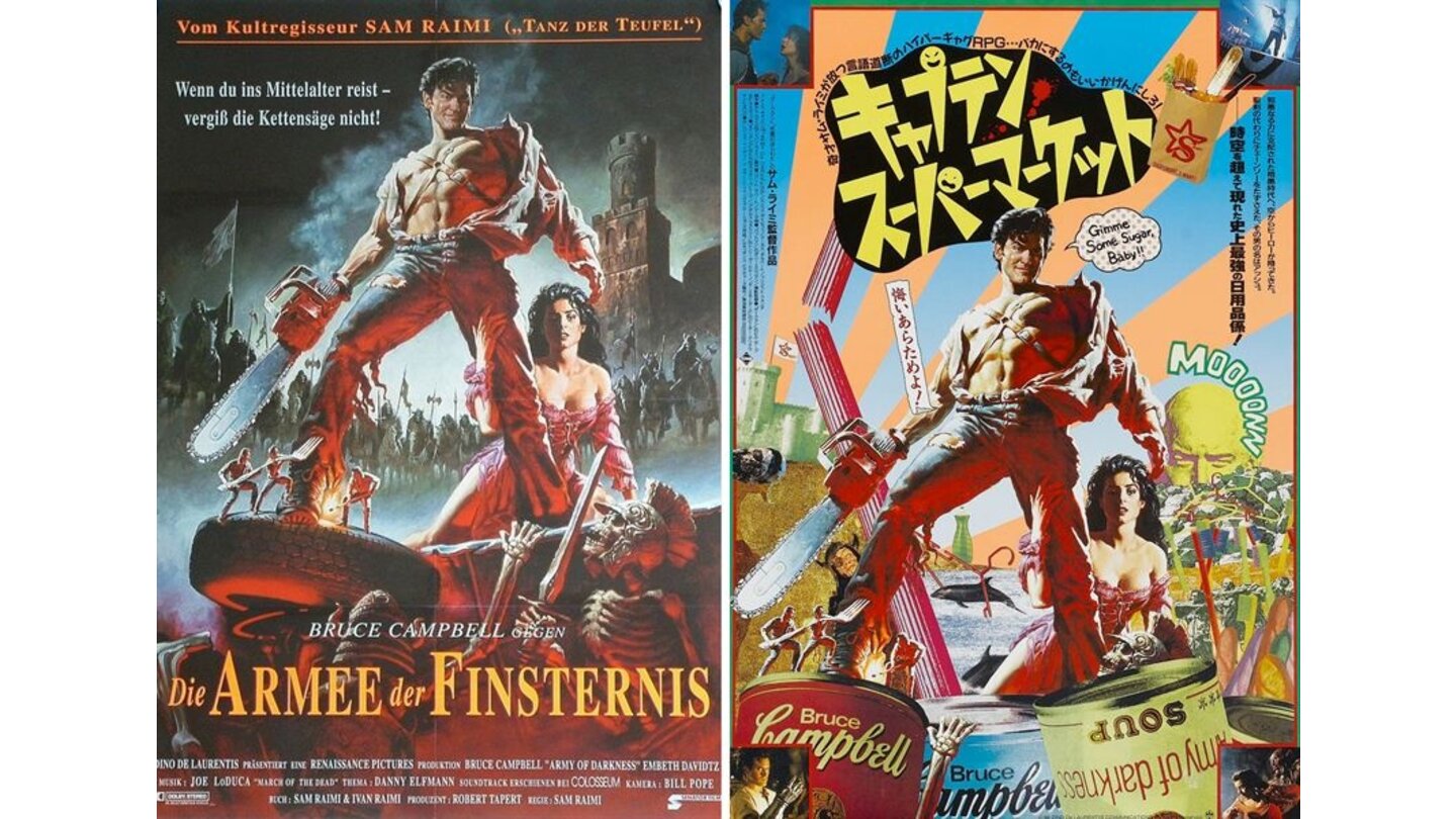 Die kuriosesten Filmposter aus aller Welt: Armee der Finsternis (links: Deutschland; rechts: Japan)