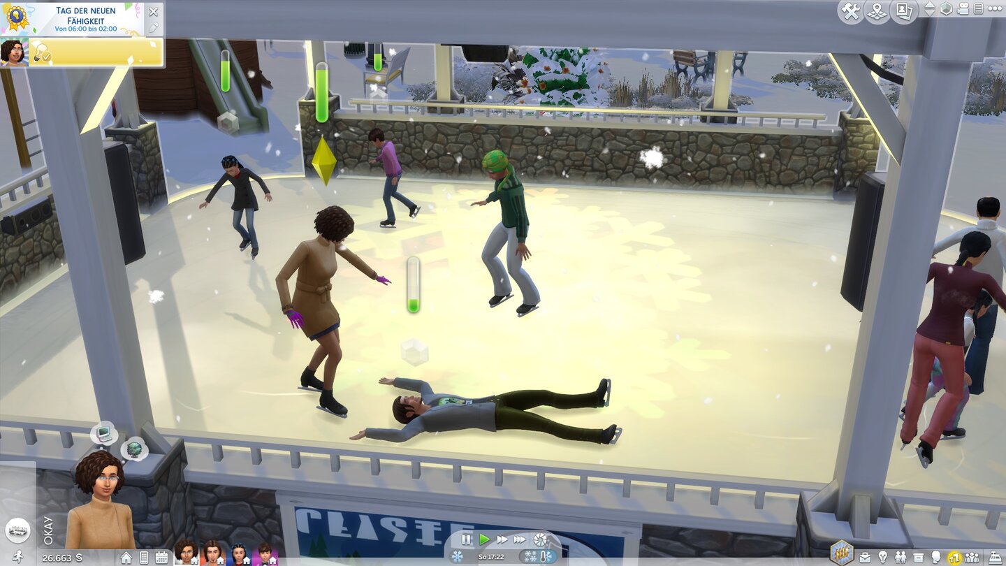 Die Sims 4: JahreszeitenBeim Schlittschuhlaufen landen eure Sims auch mal auf ihrer Kehrseite.