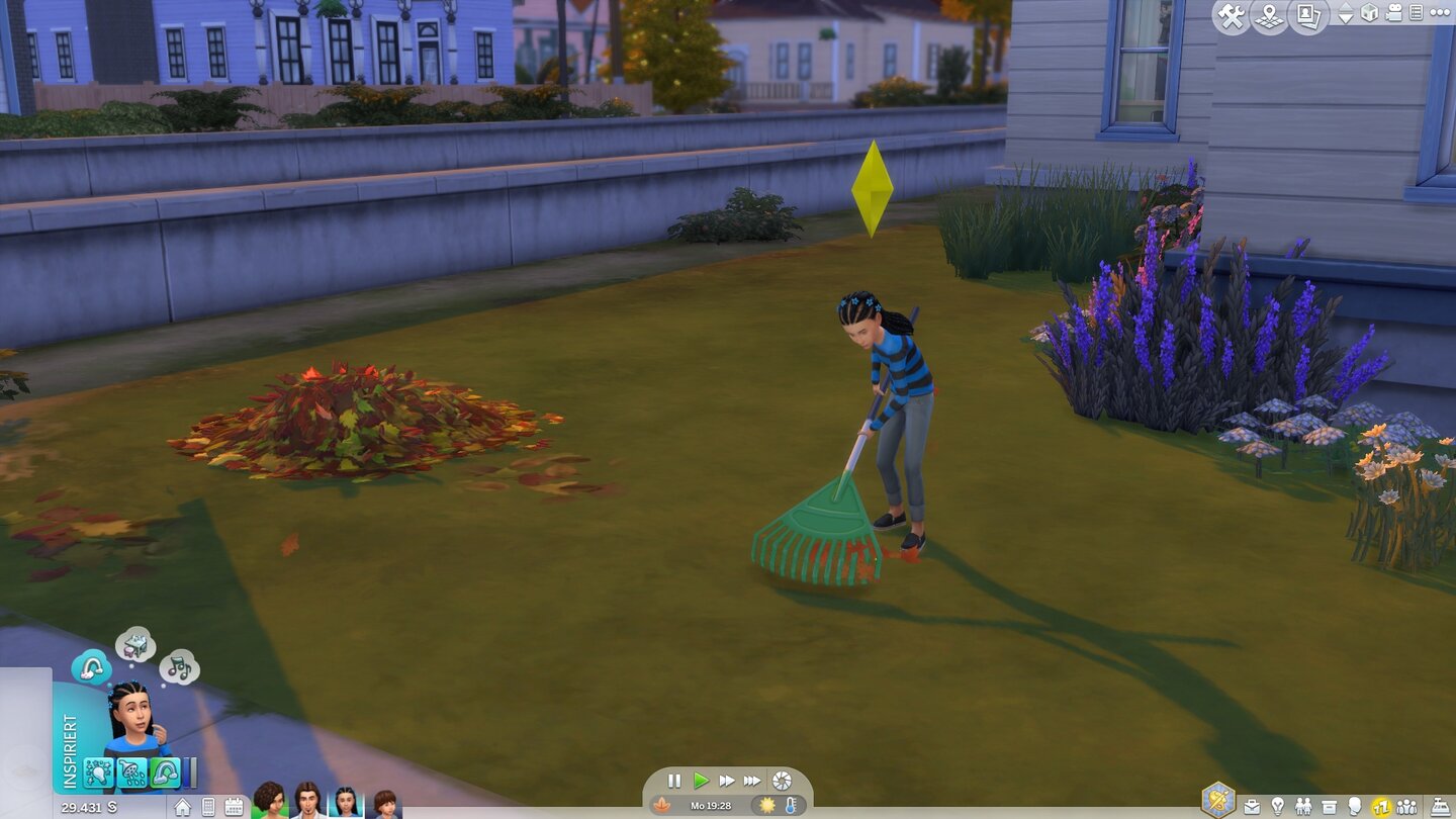 Die Sims 4: JahreszeitenMehr Verantwortung lernen Kinder beim Laub harken im Herbst.