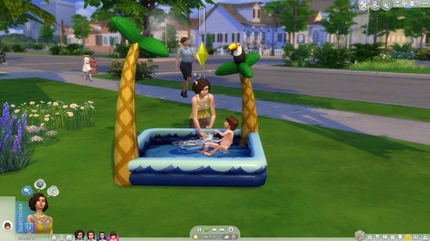 Die Sims 4: JahreszeitenAbkühlung für die Kleinsten gibt‘s im süßen Kinderplanschbecken.