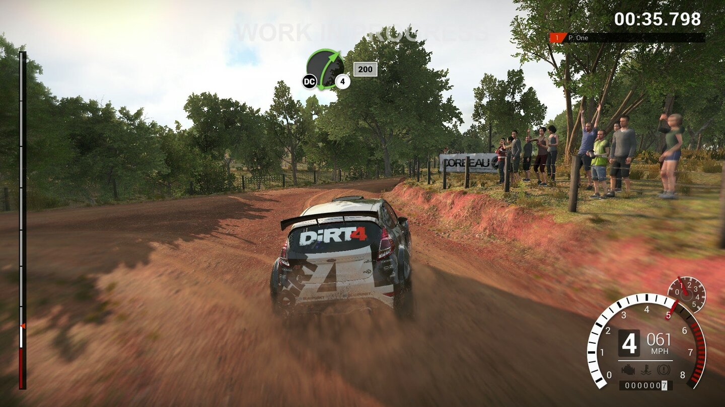 DiRT 4In Bewegung machte die Grafik einen schicken Eindruck, nur vereinzelte Ruckler trübten das Bild. Bis zum Release im Juni sollten diese Probleme aber behoben sein.