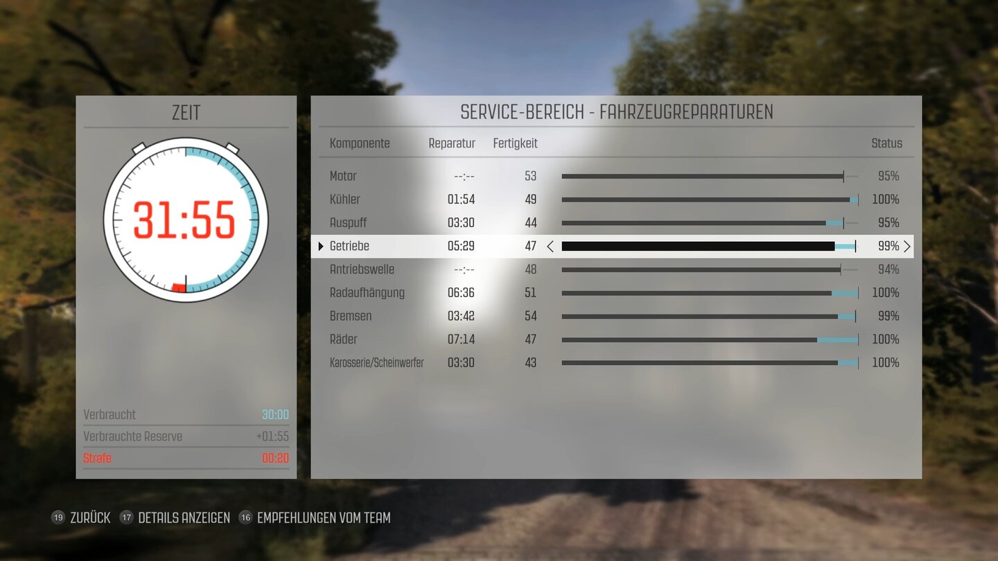 Dirt RallyZwischen den Etappen reparieren Techniker die Schäden an unserem Auto. Dafür bleiben aber nur 30 Minuten, sonst drohen empfindliche Zeitstrafen.