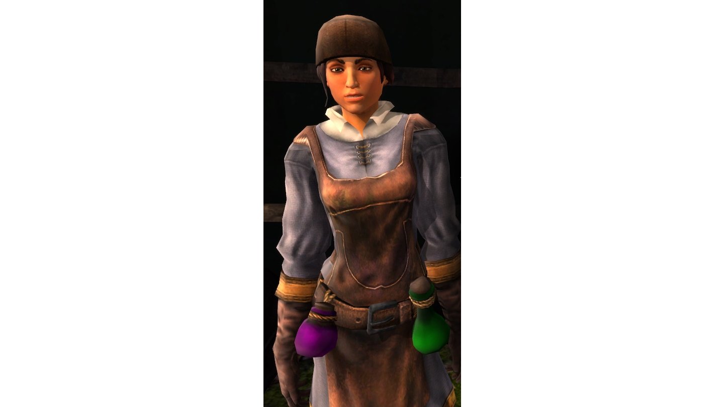 Auralia – Drakensang-Veteranen kennen die patente Alchemistin aus Teil 1, hier führt sie als junge Frau mit traurigen Augen einen Marktstand in Nadoret.