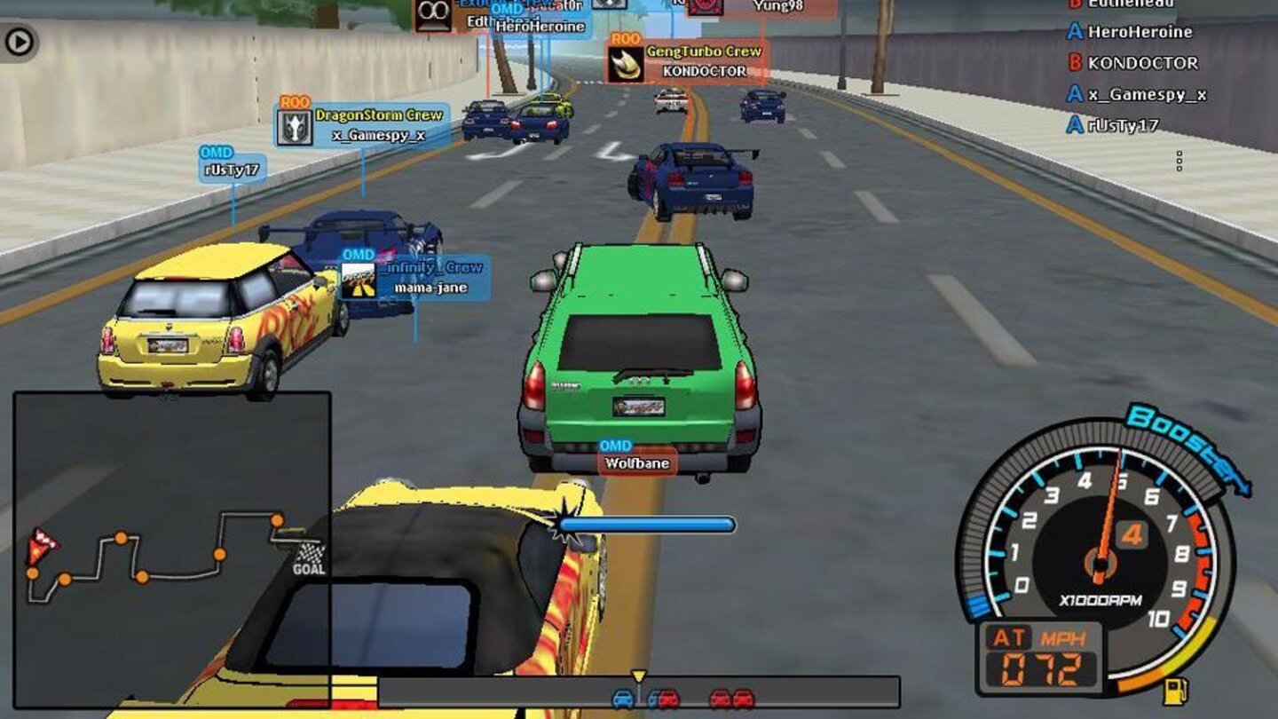  Drift City (2007)
Das Free2Play-Online-Rennspiel Drift City erscheint 2007 für den PC und schickt den Spieler in die nahe Zukunft, in der die Menschheit um eine Ressource namens Mittron kämpft. Auf vier frei befahrbaren Inseln liefern wir Waren ab, und beschatten oder verfolgen andere Wagen. Zusätzlich messen wir uns mit bis zu 16 Spielern in klassischen Rennen. Mit Echtgeld-Gegenständen lassen sich Boni wie mehr Erfahrungspunkte oder andere Fahrzeuganstriche freischalten.