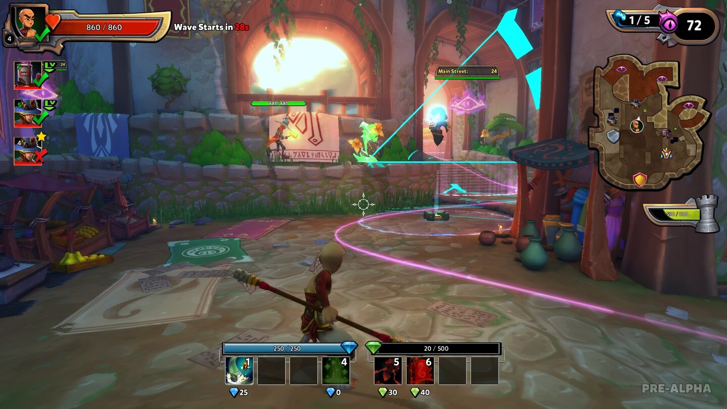 Dungeon Defenders 2Im Verbund errichten wir Barrikaden und Verteidigungstürme. Der lilafarbene Streifen zeigt dabei die Marschroute der Gegner an.