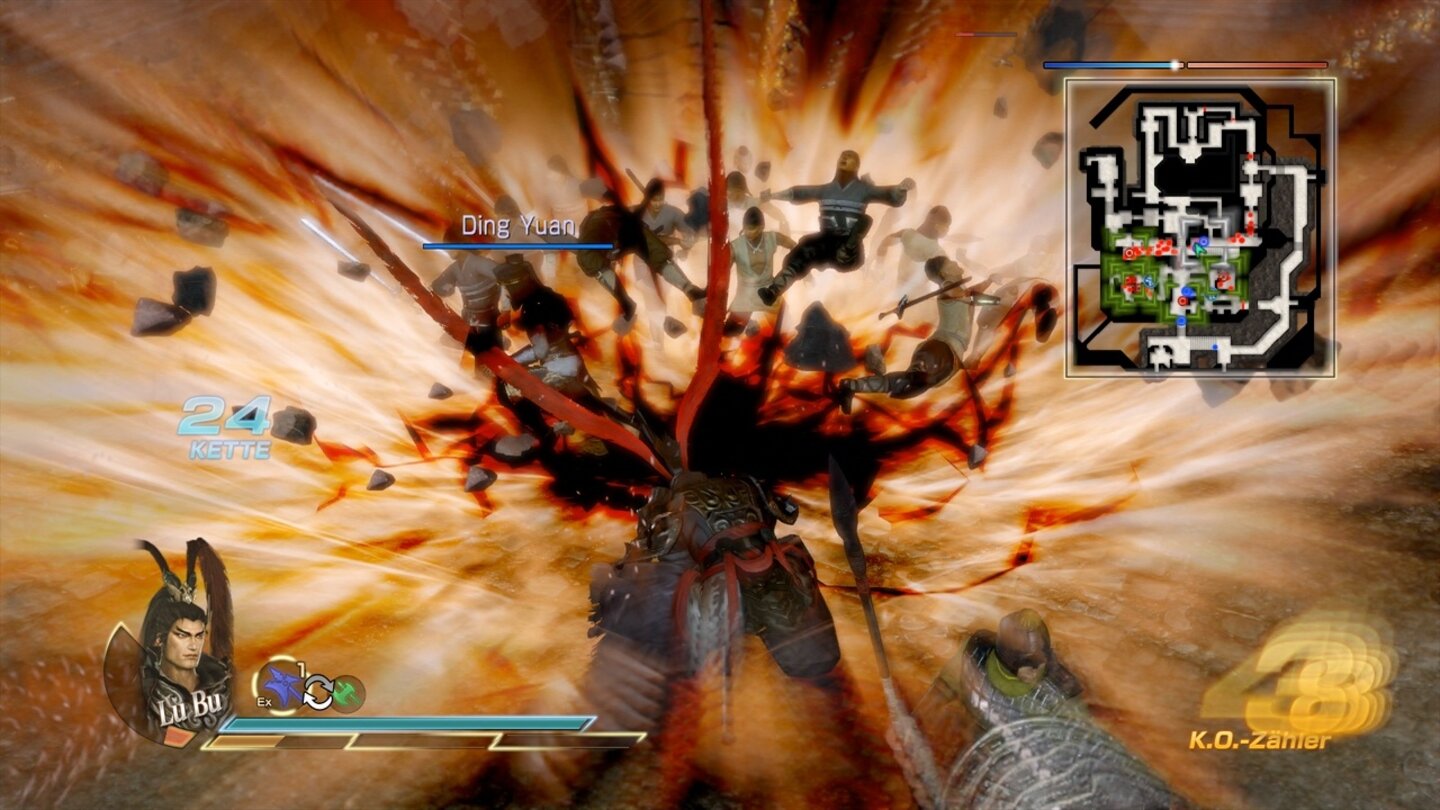 Dynasty Warriors 8: Xtreme Legends – Complete EditionIst die gelbe Energieleiste am unteren Bildschirmrand gefüllt, greifen wir mit grellbunten Spezialattacken an.