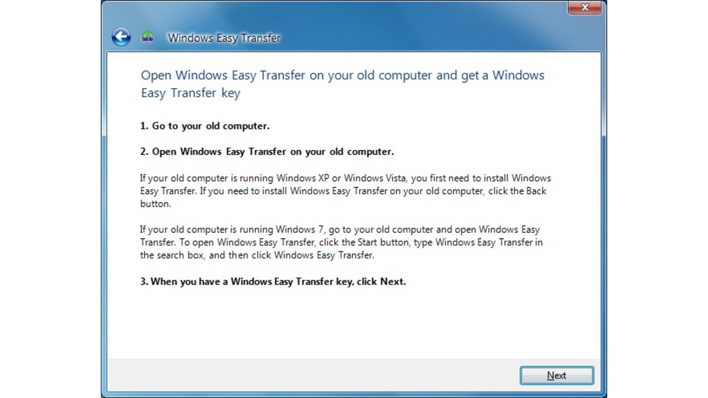 Easy Transfer unter Windows 7 - Hinweis