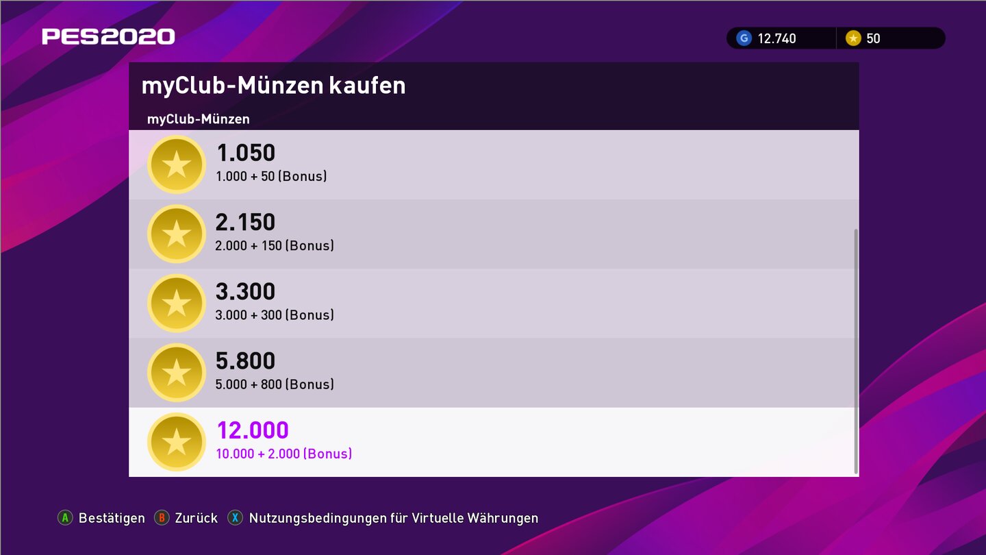 eFootball PES 2020Im Sammelkartenmodus myClub kaufen wir bei Bedarf auch gegen Echtgeld Spielwährung. Für einen Euro gibt es 100 Münzen, für 100 Euro 12.000 Münzen.