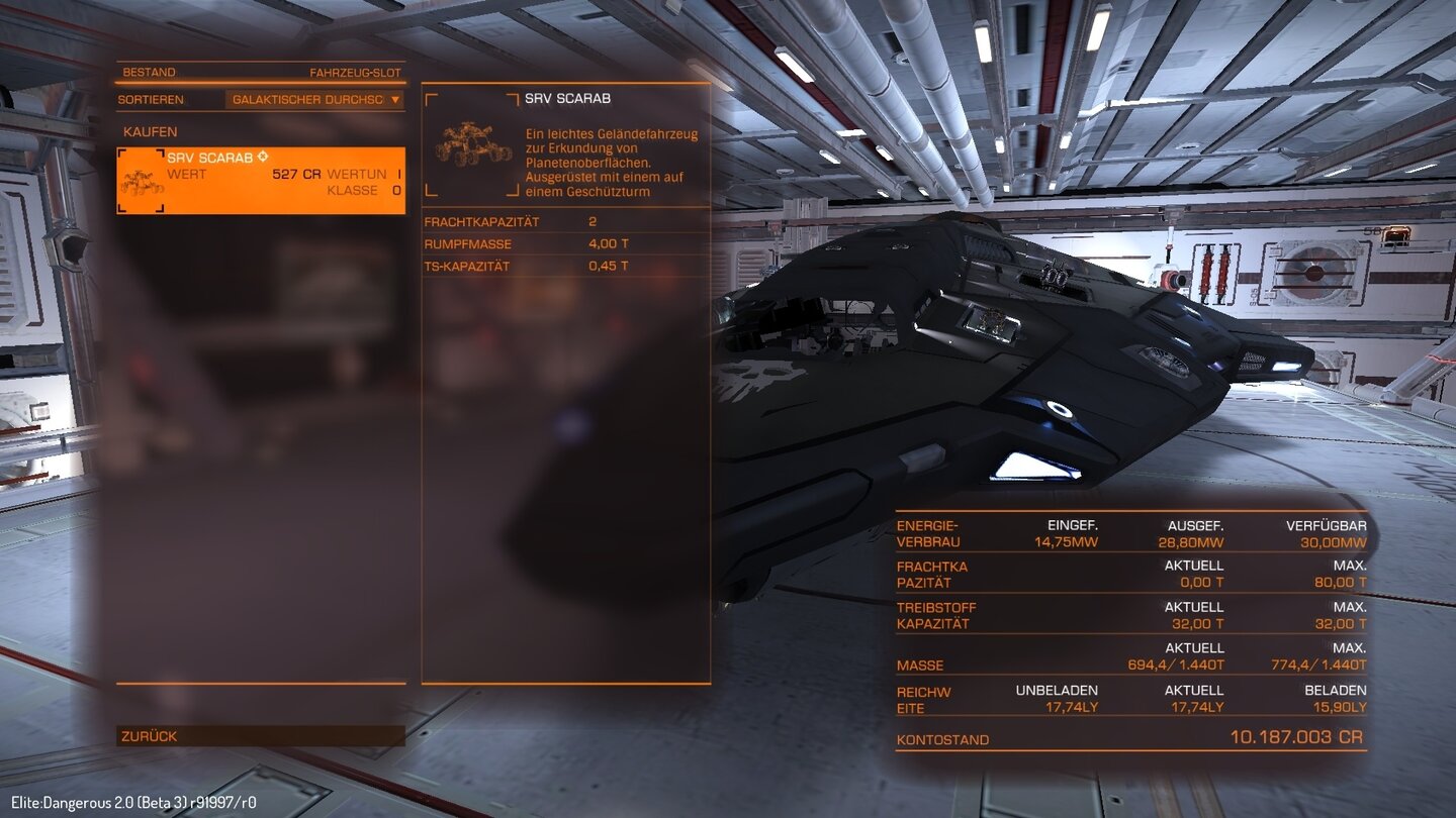 Elite Dangerous Horizons: Auf Planeten landenGeschafft! Unser Surface Recon Vehicle (SRV) ist an Bord.