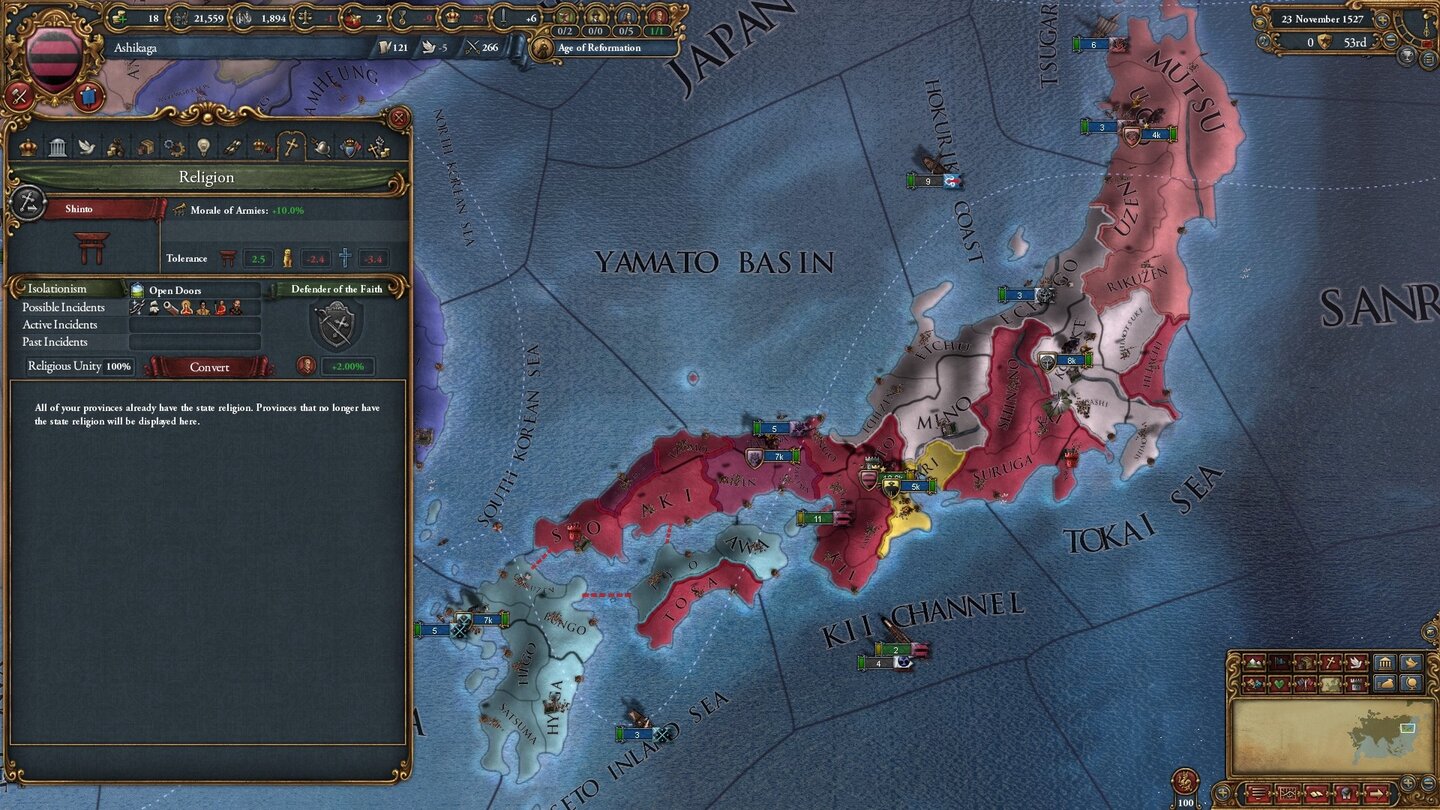 Europa Universalis 4: Mandate of HeavenShinto, die japanische Religion, ist mir historischen Ereignissen verknüpft, mit denen wir die Isolationsstufe Japans bestimmen.