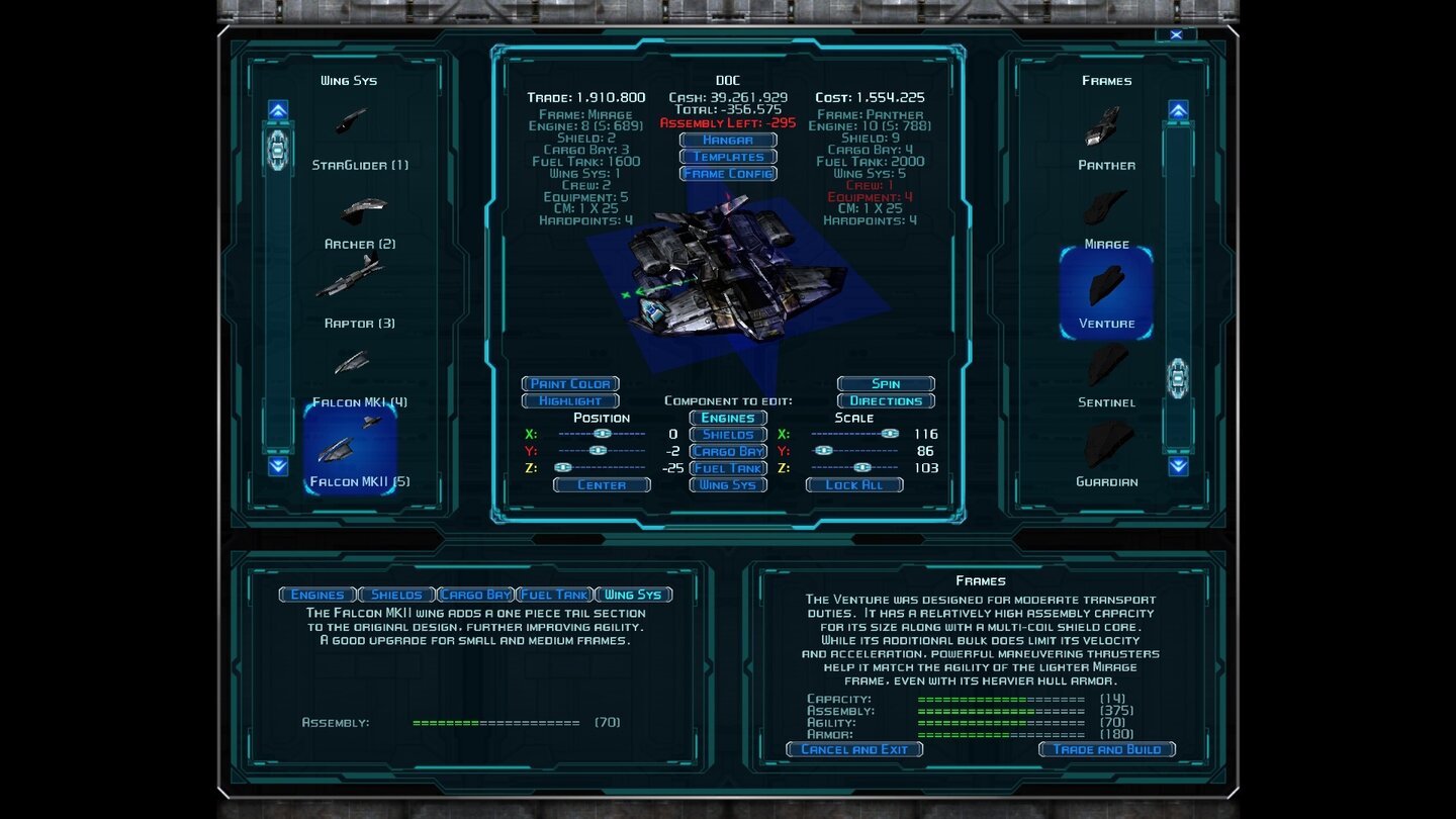 Evochron MercenaryDer Raumschiffbau sieht komplex aus, das Angebot an Teilen und Upgrades hält sich aber in Grenzen. Immerhin ist eine individuelle Positionierung der Teil möglich.