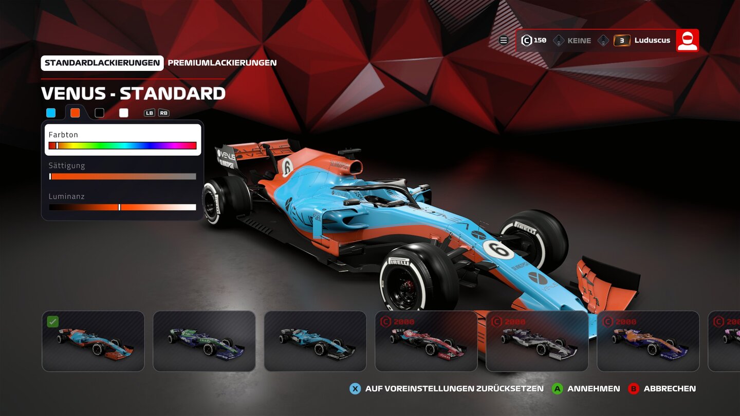 F1 2019Im Multiplayer könnt ihr nun mit eurem eigenen Wagen antreten. Neue Lackierungen schaltet ihr gegen einen neue Ingame-Währung frei, die Farbe bestimmt ihr.