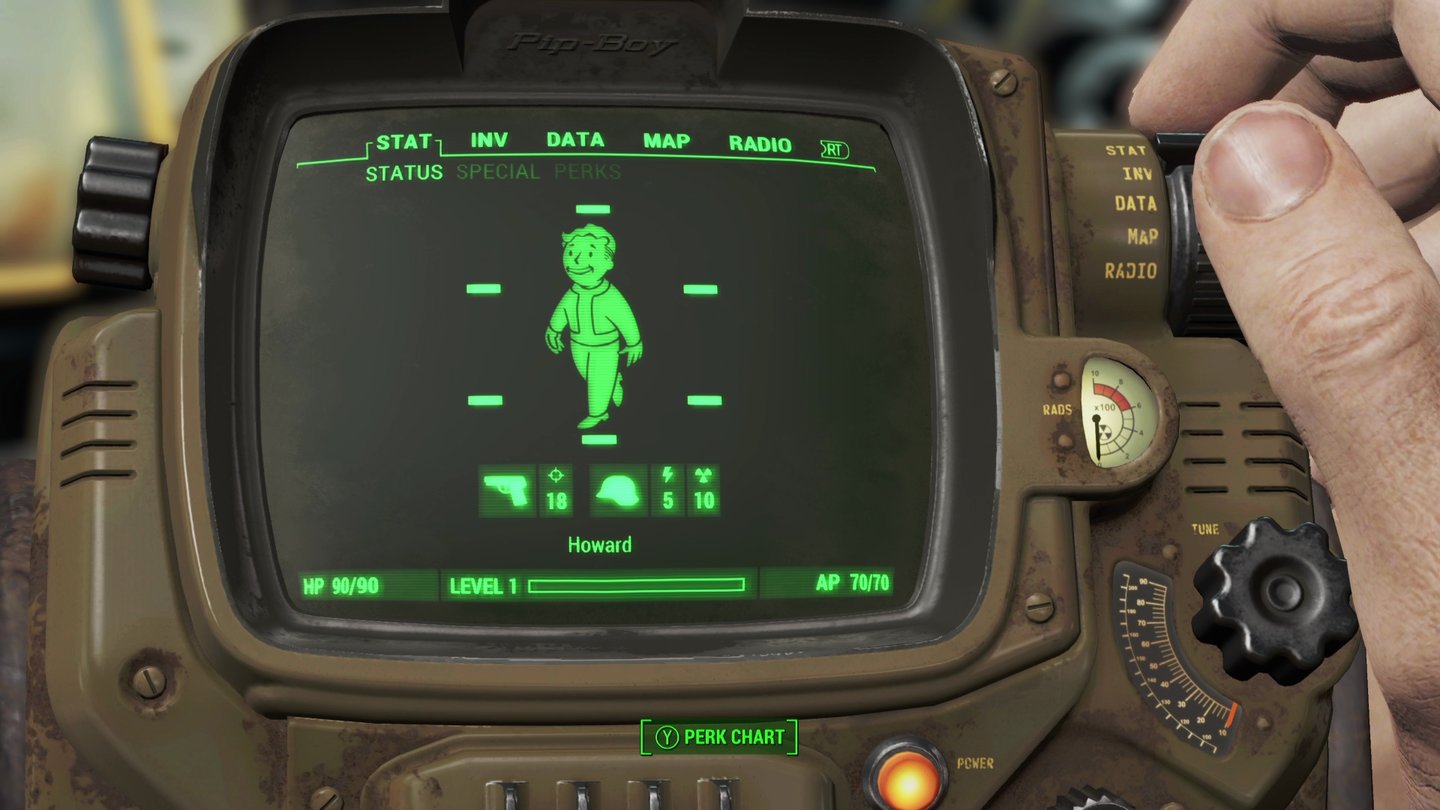 Fallout 4Den Pip-Boy trägt unsere Spielfigur als Inventar und Statusanzeige am Arm.