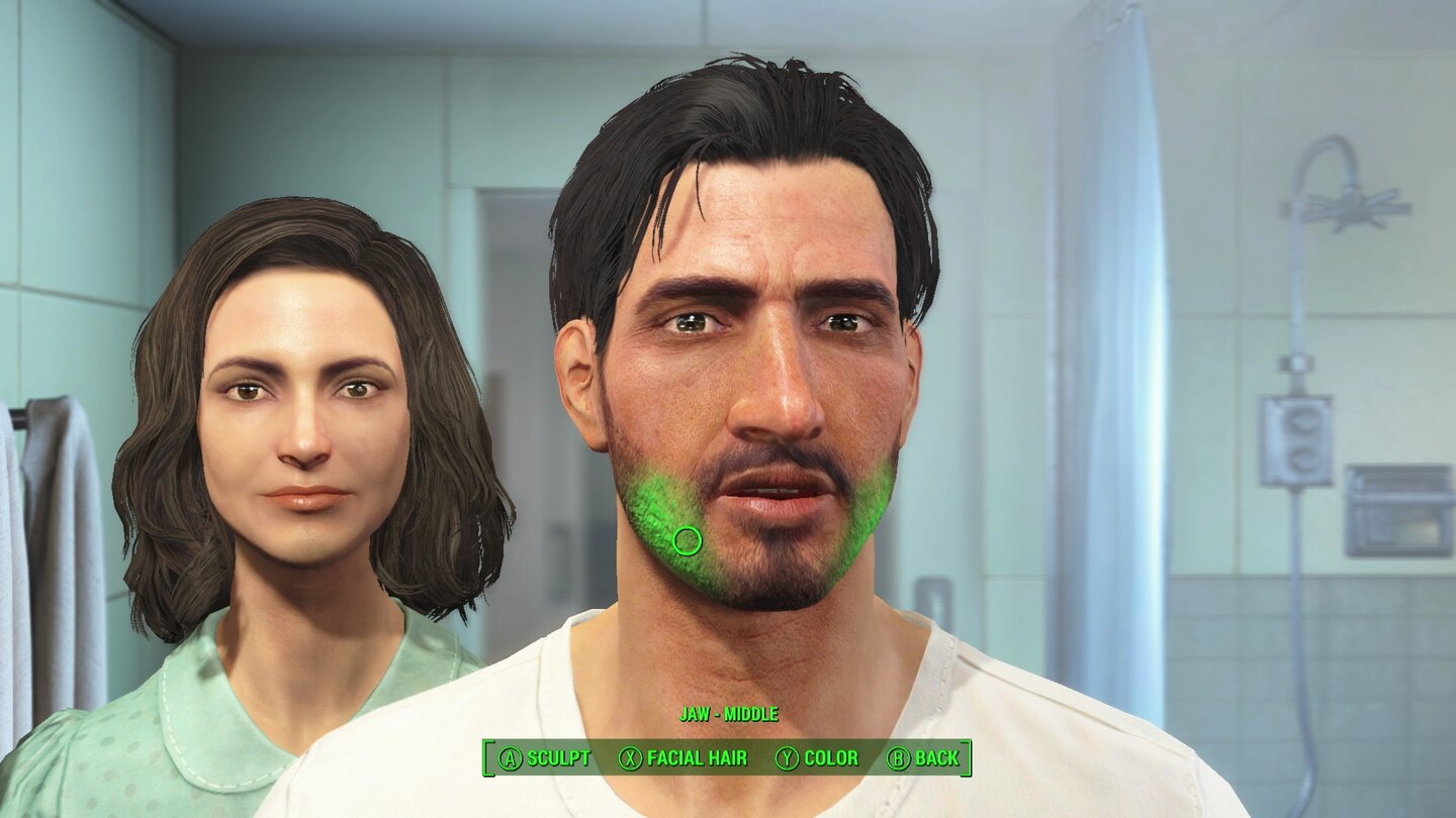 Fallout 4Die Charaktergestaltung läuft ganz ohne Slider ab, wir ziehen mit der Maus direkt das Gesicht zurecht.