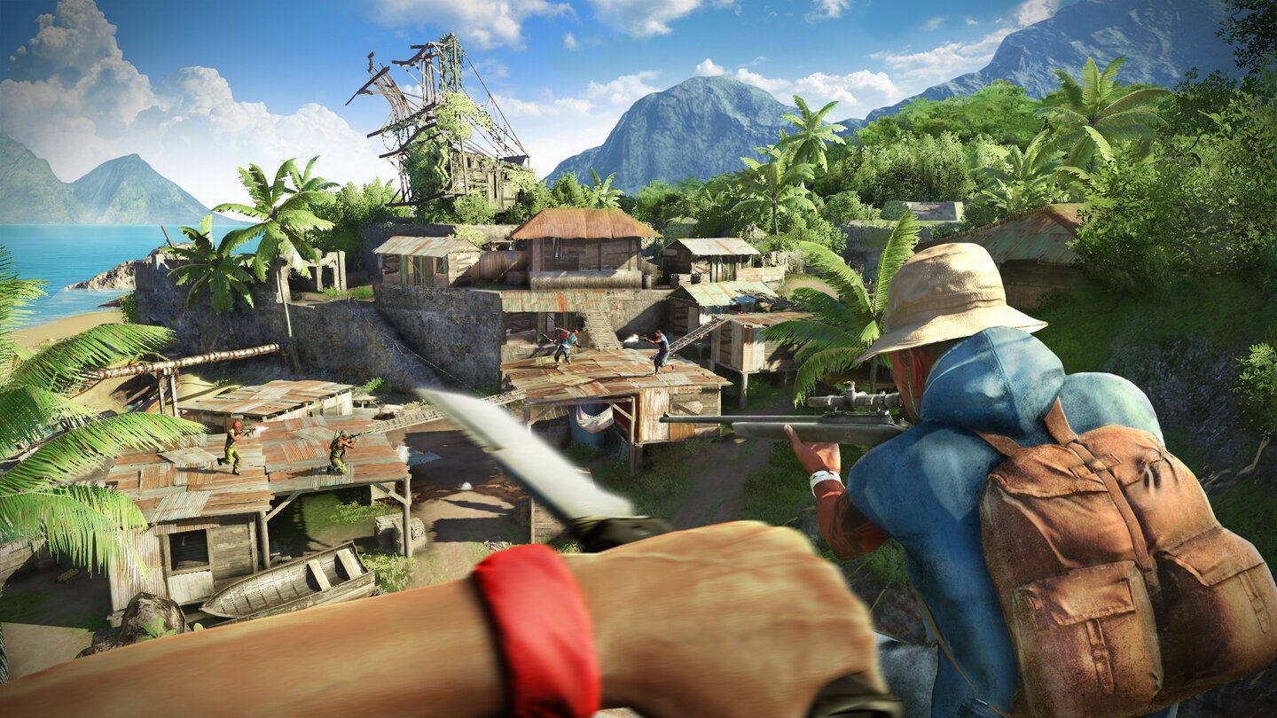 Far Cry 3 - Multiplayer-Screenshots]»Camper«, die aus der Entfernung zuschlagen, sind in Mehrspieler-Modi meist wenig willkommen. Gleich wird ein Pirat diesem Burschen mit seinem Messer zeigen, was er vom Snipern hält ...