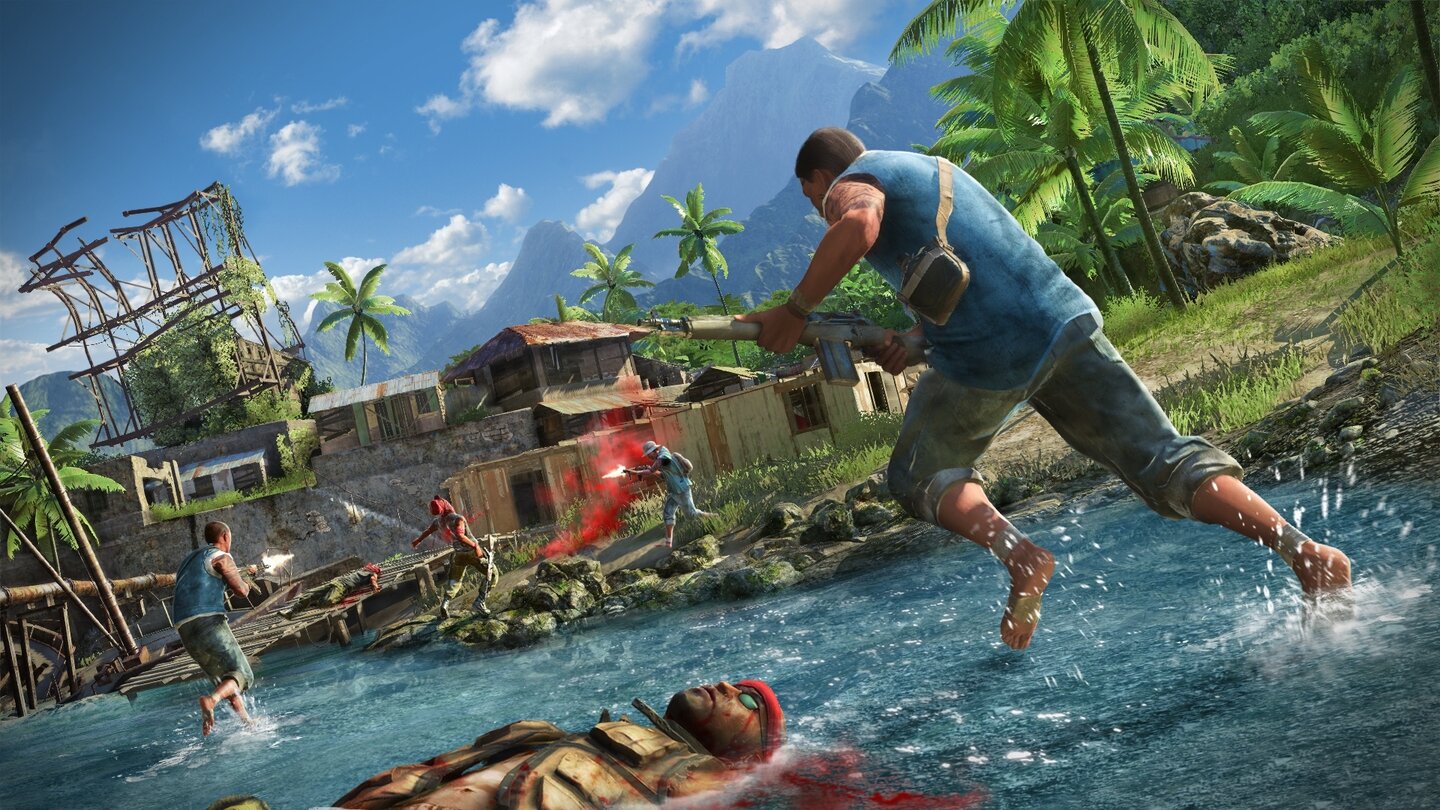 Far Cry 3 - Multiplayer-ScreenshotsEin Pirat schwimmt bereits tot im Wasser, der andere wird gerade getroffen. Wäre der Momentum-Balken zu sehen, würde er wohl in Richtung der Rebellen (blau)