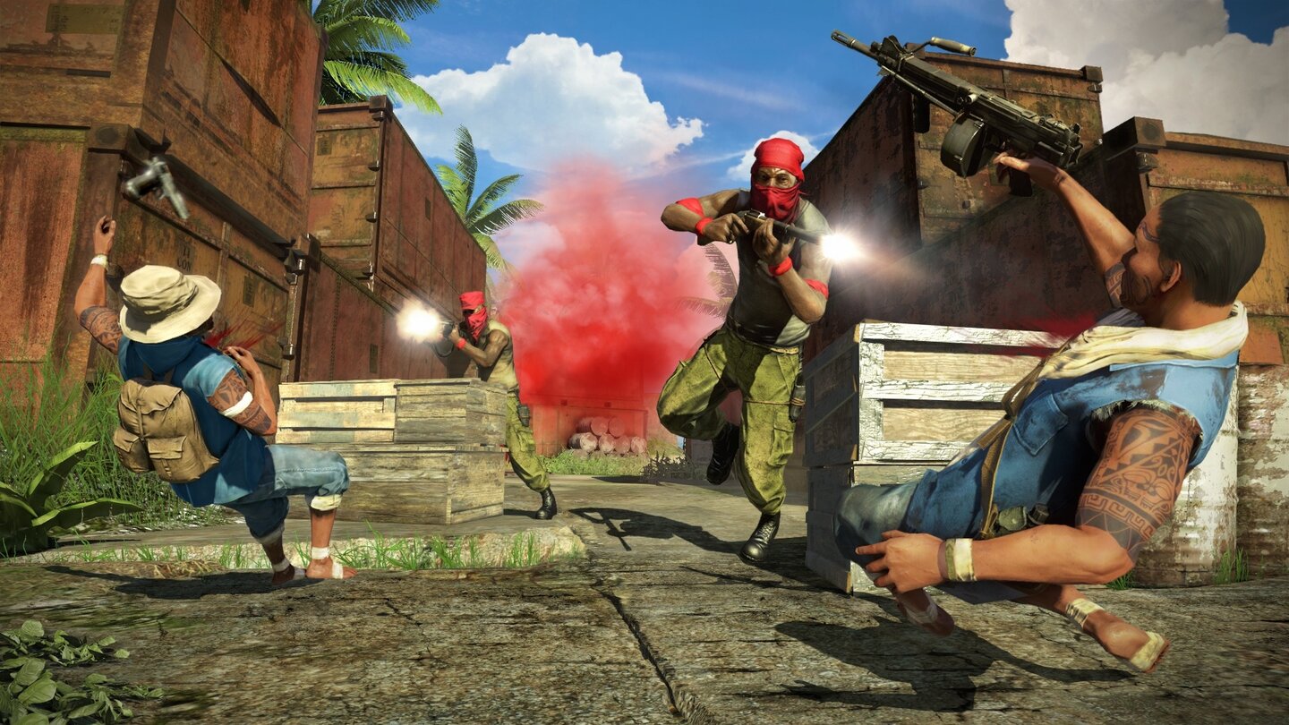 Far Cry 3 - Multiplayer-Screenshots]Synchroner Schuss: Zwei Söldner rücken gemeinsam vor. Was auf diesem Bild schlüssig scheint, ist im Spiel nicht ganz einfach, weil das Tempo recht hoch ausfällt.