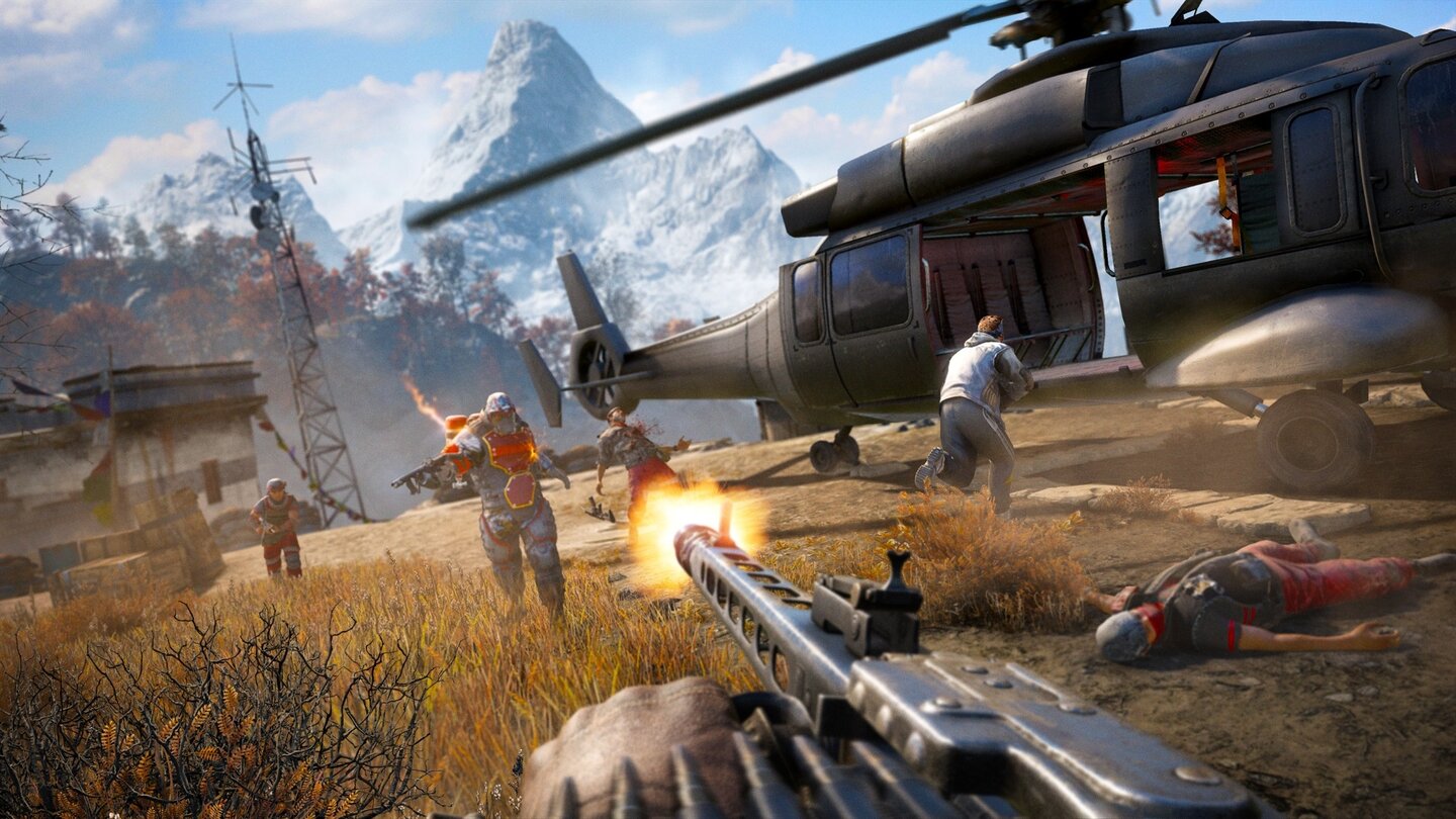 Far Cry 4 Bevor der Heli abhebt, müssen wir ihn (und uns) zehn Minuten lang verteidigen.