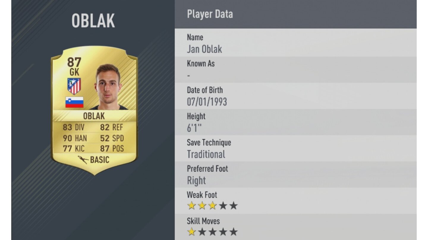 FIFA 17 TorhüterPlatz 8: Jan Oblak