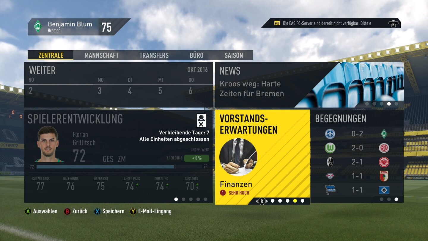 Fifa 17Das Hauptmenü im Karriere-Modus wirkt altbekannt, es gibt aber Neuerungen wie die Vorstandserwartungen – zum Beispiel »spare 50.000 Euro Wochengehalt«. Typisch Bremen.