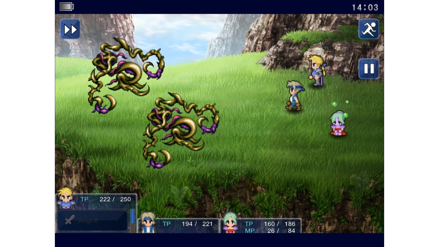 Final Fantasy 6Im Laufe des Gefechts schiebt sich die Charakterkarte unten immer weiter ins Bild. Erst wenn sie ganz oben ist, ist der Held am Zug. [iOS]