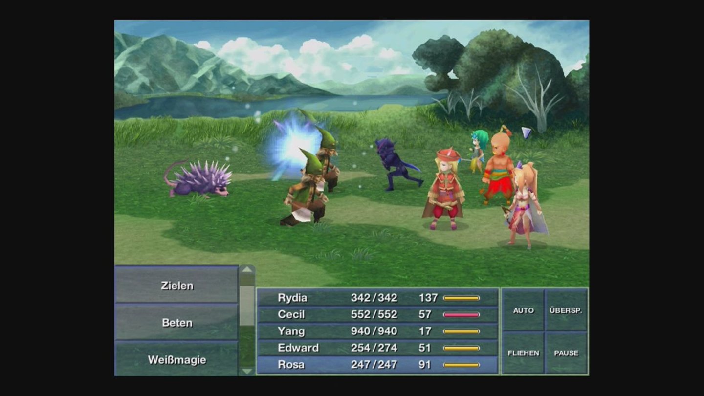 Final Fantasy IVIm Kampf platzieren wir Weggefährten mit weniger LP besser in der hinteren Reihe.