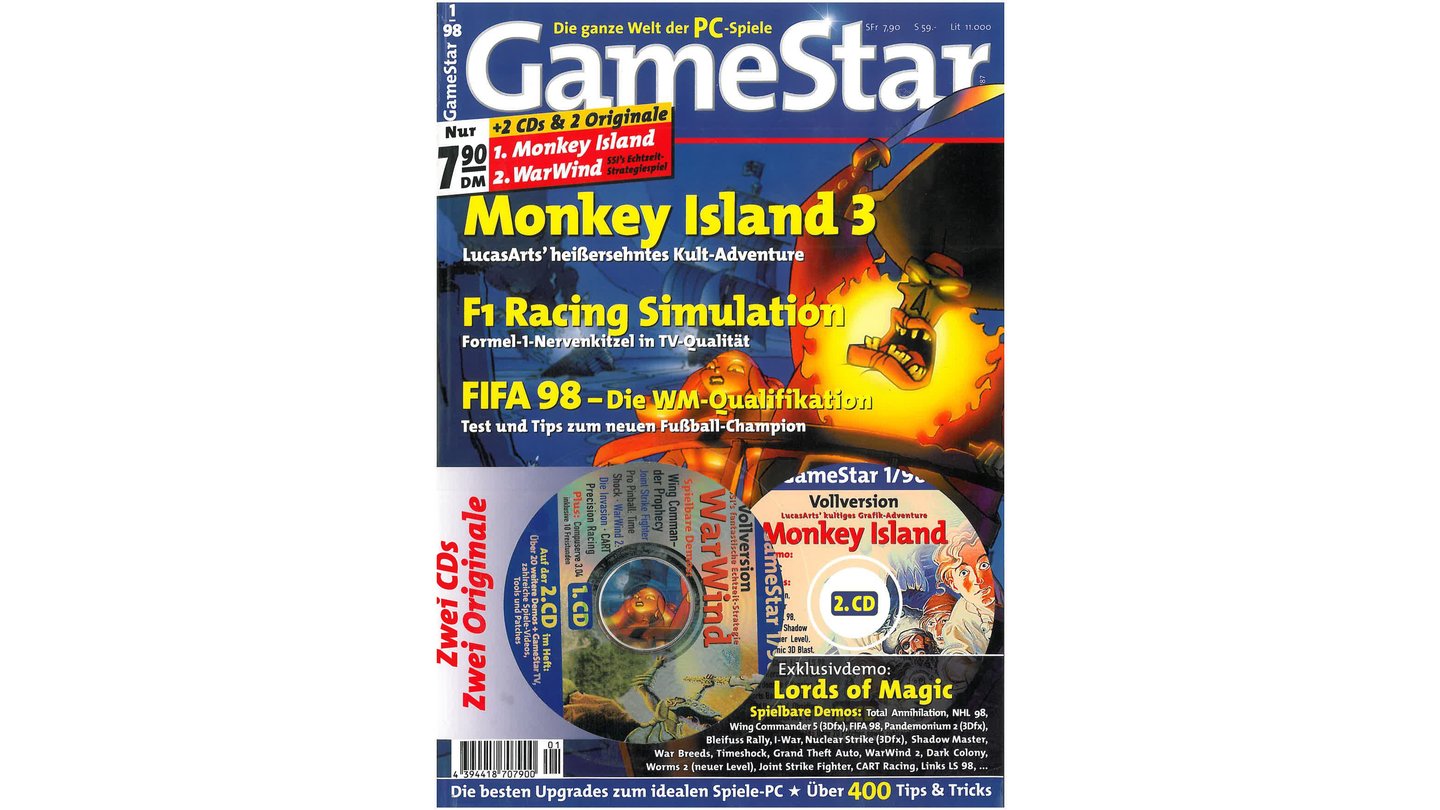 GameStar 01/1998Diese Ausgabe der GameStar beinhaltet einen Mega-Test zum Adventure Monkey Island 3 mit allem Wissenswertem zu den Charakteren. Exklusiv: Plunder Island-Reiseführer. In der Preview: Starcraft, Pandemonium 2, Messiah und Jagged Alliance 2. Außerdem: Abe's Oddysee, Men in Black, Grand Theft Auto, Civ 2: Fantastic Worlds, NBA Live 98, Madden NFL 98 und Men in Black im Test.