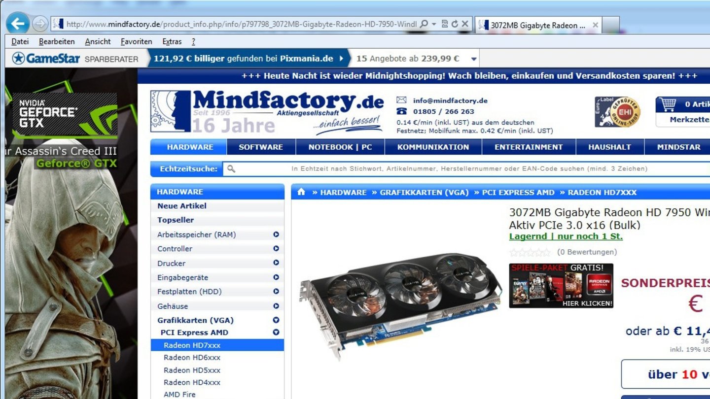 In unserem Beispiel mit der Gigabyte Radeon HD 7950 WindForce 3X können Sie durch unseren Sparberater bis zu 121 Euro sparen.