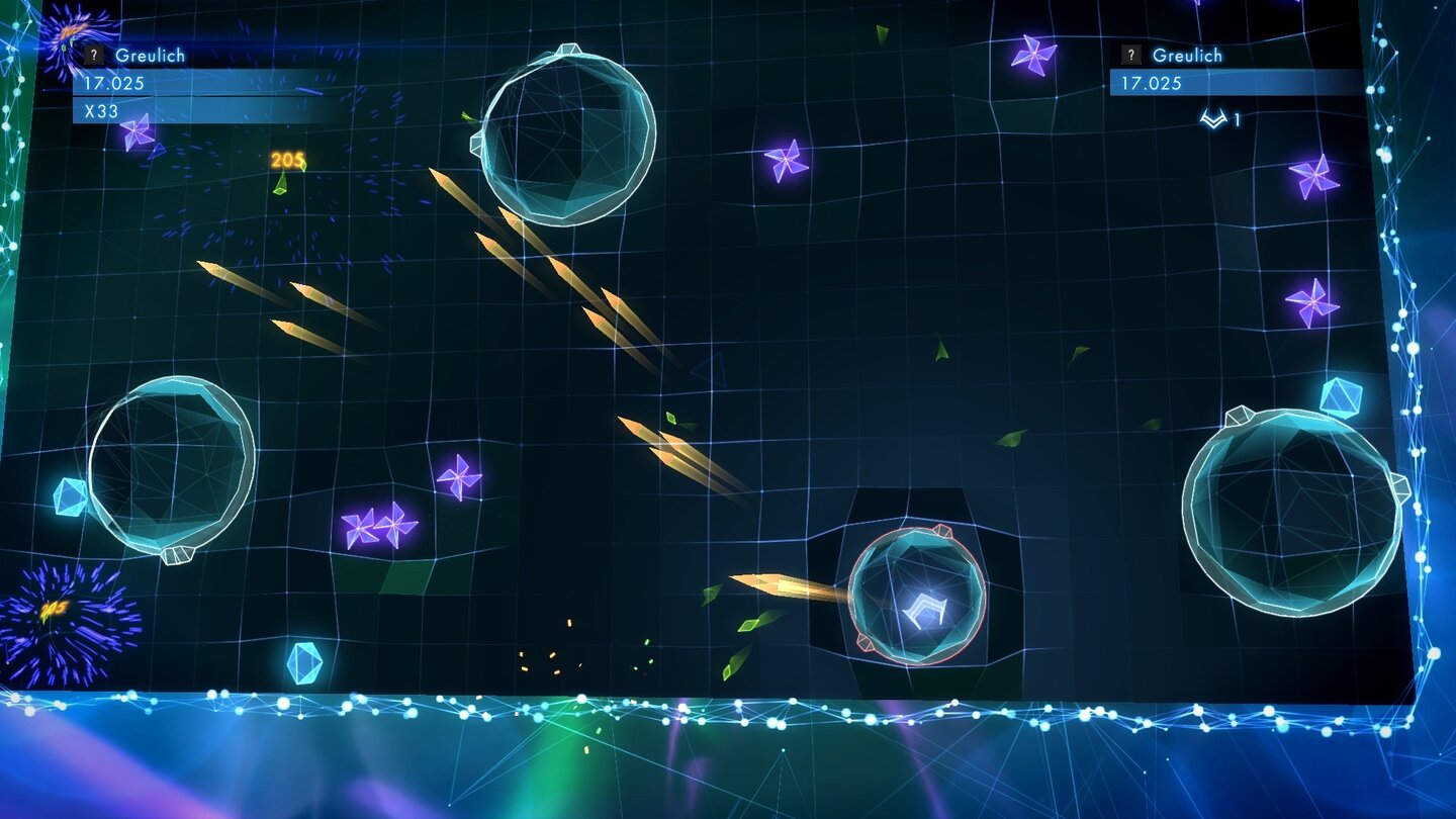 Geometry Wars 3: DimensionsIm Königsmodus können wir nur innerhalb dieser Blasen schießen, doch die Dinger lösen sich langsam auf, sobald wir sie betreten.