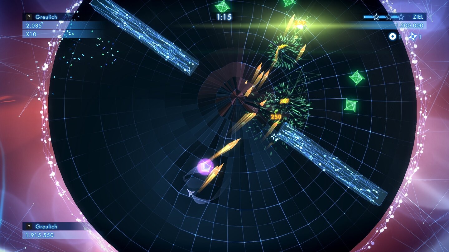 Geometry Wars 3: DimensionsIn den Levels machen uns nicht nur die Feinde zu schaffen, sondern gelegentlich auch Umgebungsgefahren wie diese rotierenden Wände.