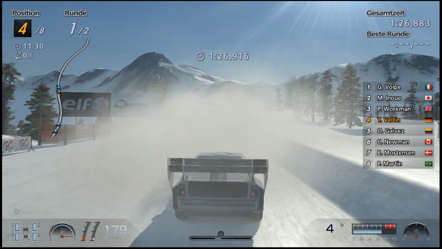 Gran Turismo 6Beim Rennen in der weißen Pracht macht uns aufgewirbelter Schnee zu schaffen, die Sicht ist gleich null.