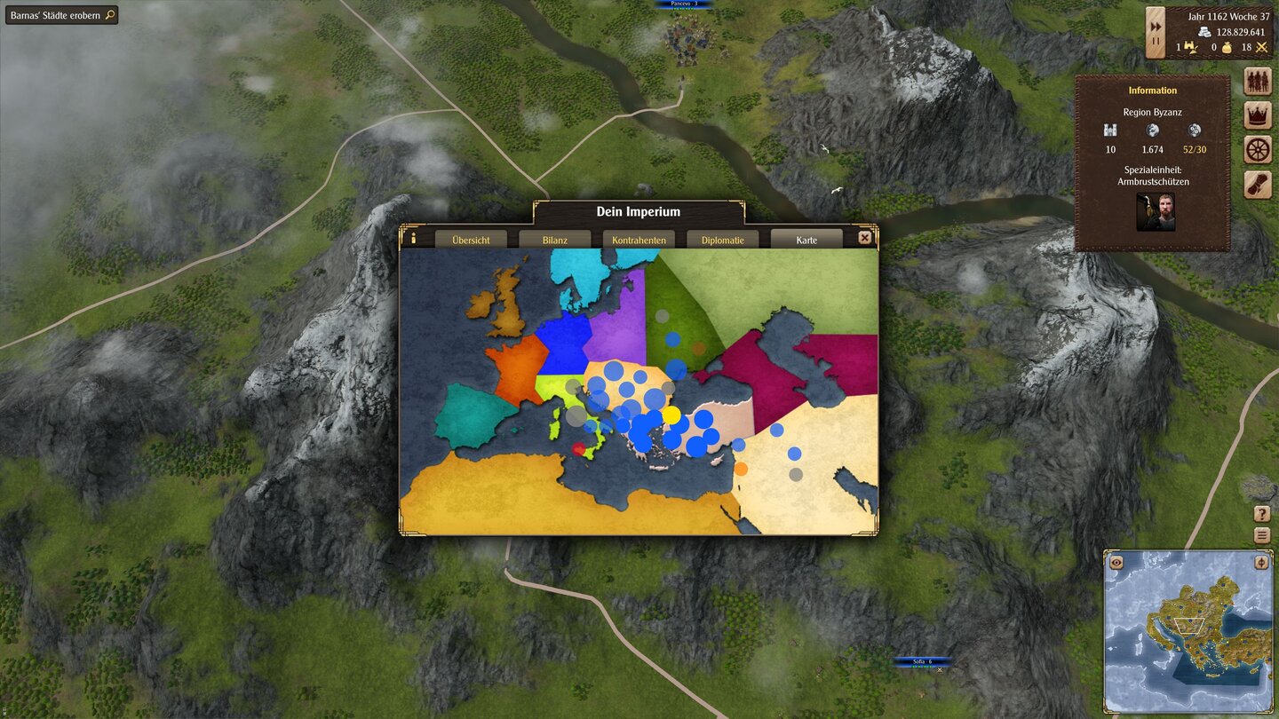 Grand Ages: MedievalDie Regionenkarte zeigt den Einflussbereich unserer Städte. Wer sich den Großteil einer Provinz einverleibt hat, vertreibt den Kriegsnebel und hat sein Imperium so immer voll im Blick.