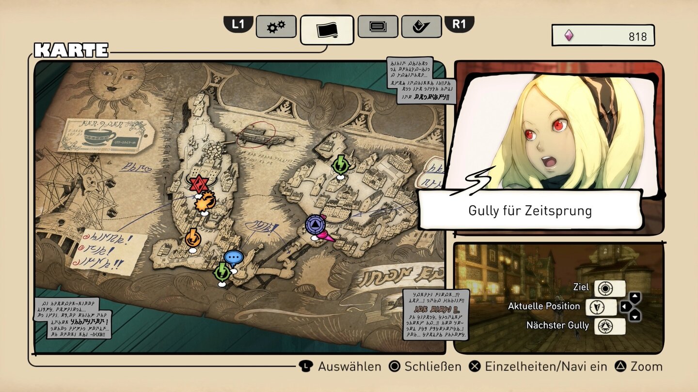 Gravity Rush RemasteredAlle Haupt- und Nebenaufgaben sowie Challenges und Gullis werden auf der Map verzeichnet.