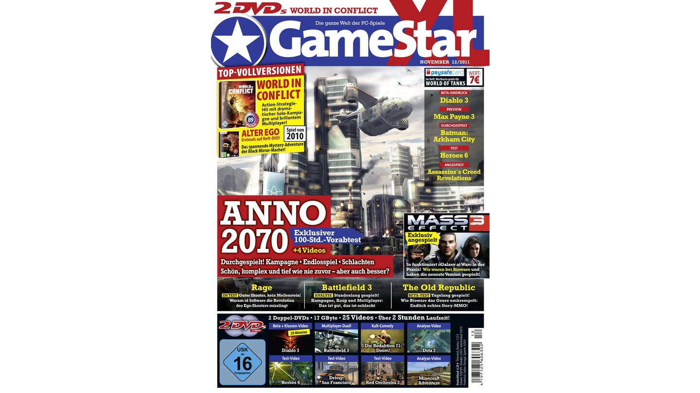 GameStar 12/2011Anno 2070-Titelstory und Battlefield 3, Rage und Driver: San Francisco im Test. Außerdem: Max Payne 3, Mass Effect 3 und Diablo 3 in der Preview.