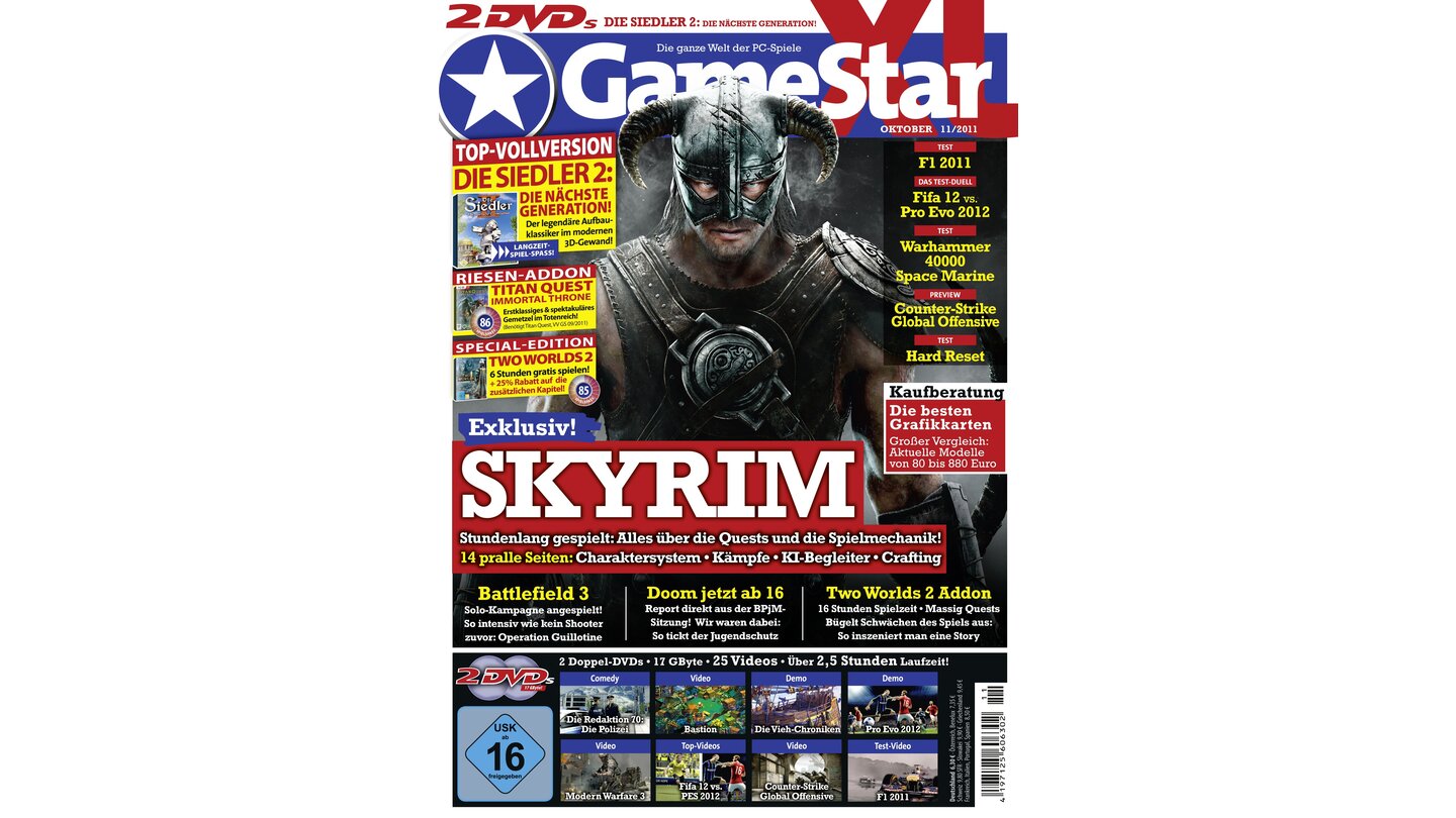 GameStar 11/2011Skyrim-Titelstory mit Quests, Gameplay, Charaktersystem, Kampfsystem, KI und Crafting. Außerdem: Counter-Strike: Global Offensive in der Preview. Tests zu F1 2011 und Hard Reset.