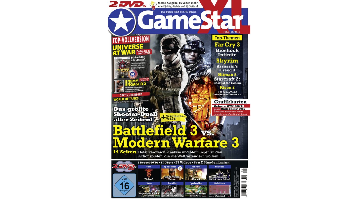 GameStar 8/2011Titelstory: Preview und Vergleich zwischen Battlefield 3 und Modern Warfare 3, Risen 2 und Far Cry 3-Preview. Außerdem: F.E.A.R. 3, Duke Nukem Forever und Alice: Madness Returns im Test.