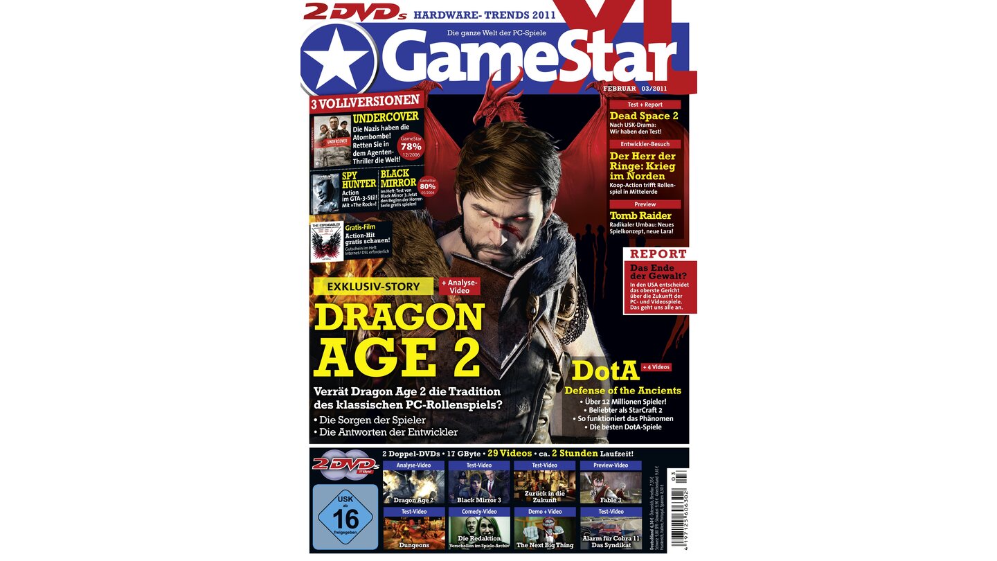 GameStar 3/2011Dragon Age 2-Titelstory mit Entwickler-Interviews. Außerdem: Dead Space 2 im Test, Tomb Raider in der Preview und Entwickler-Besuch beim Entwickler von Herr der Ringe: Krieg im Norden. Report: Gewalt in Videospielen.