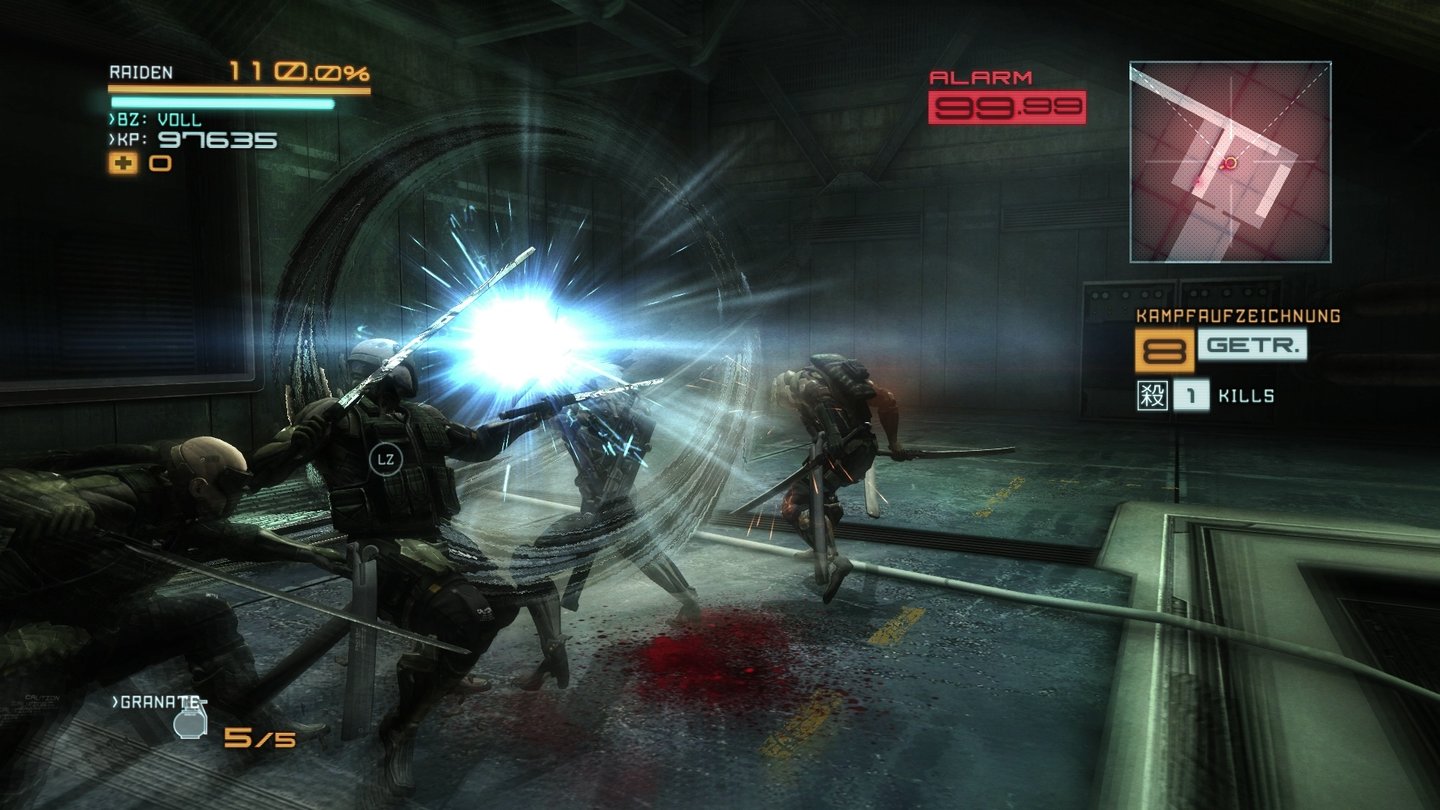 Metal Gear Rising: RevengeanceGelungene Konter werden von einem auffälligen Effekt begleitet.