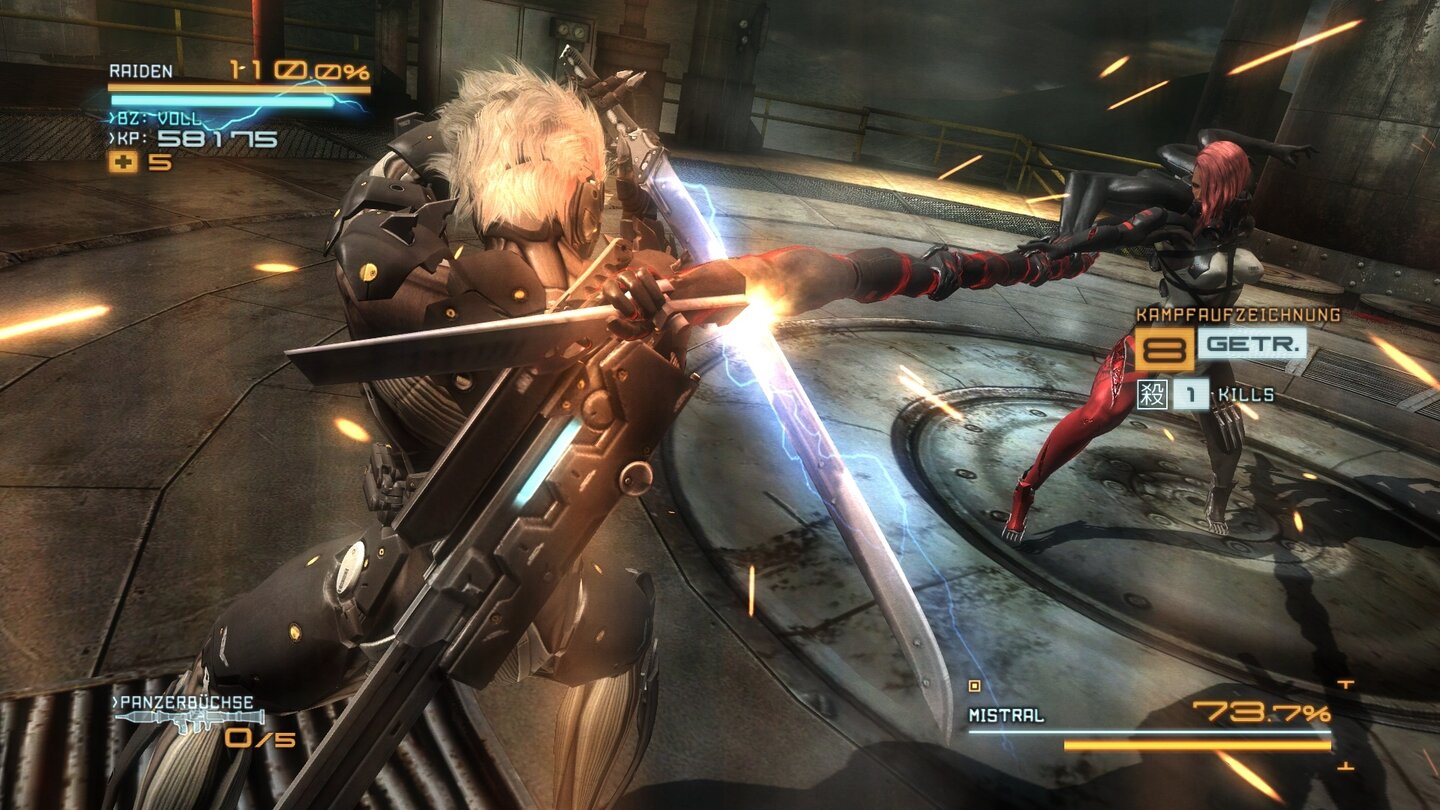 Metal Gear Rising: RevengeanceDie Biildschirmaction wird spektakulär inszeniert, vor allem bei den Bossfights.