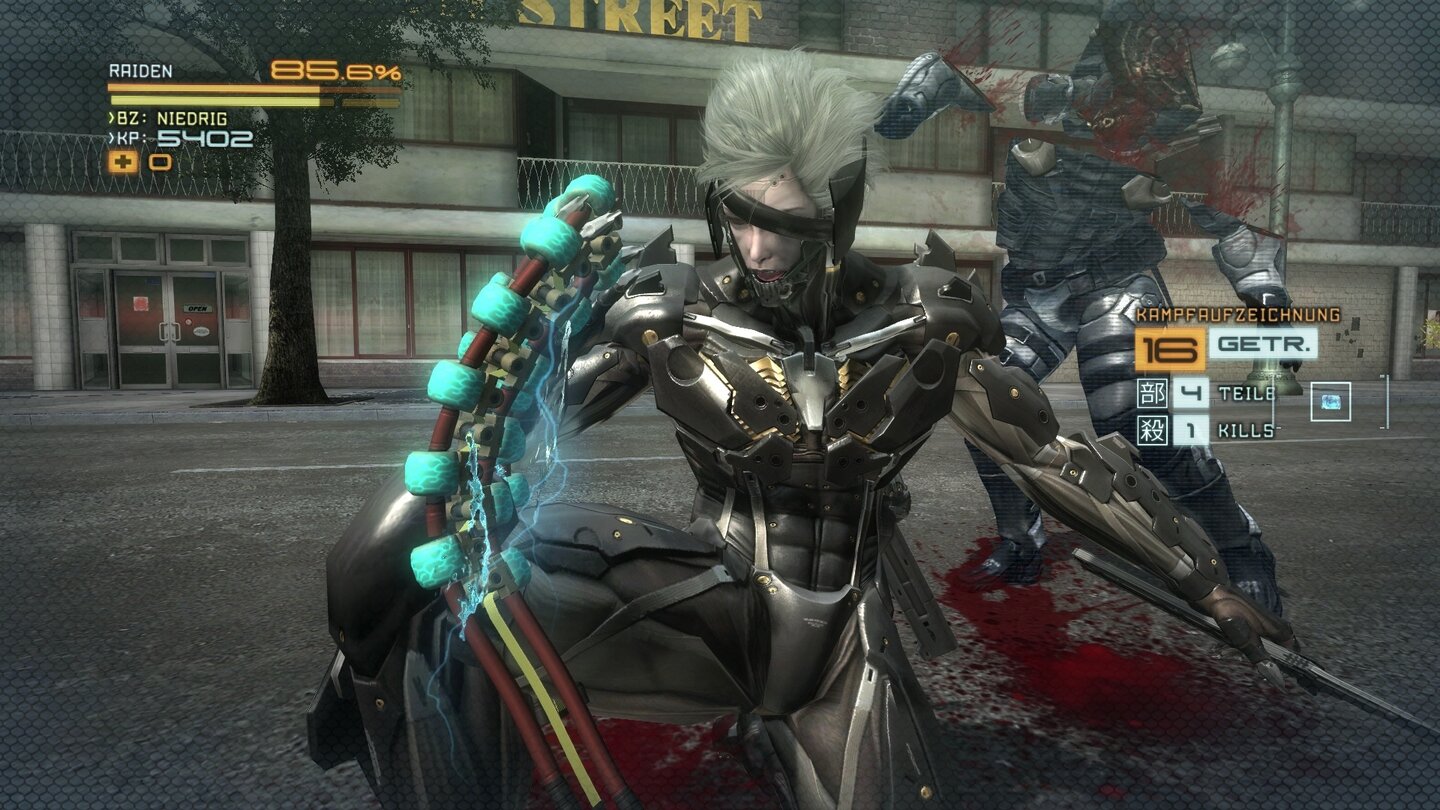 Metal Gear Rising: RevengeanceZum Schluss landet Raiden in cooler Pose und saugt die frische Energie in sich auch. Im Hintergrund kippt sein besiegter Gegner aus den Latschen. Ein Wahnsinns-Manöver!