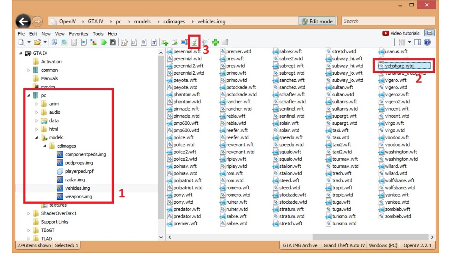 GTA 4 Mod-Anleitung Schritt 14Links in der Navigationsleiste öffnen wir ».../pc/models/cdimages« (1). Dort führen wir im linken Fensten einen Doppelklick auf die »vehicles.img« aus. Der Inhalt der Image-Datei wird nun angezeigt. Nun suchen wir hier nach der Datei »vehshare.wtd« und markieren sie (2). Neben der Suchleiste aktivieren wir den »Edit Mode« und klicken auf den »Replace«-Knopf (3). Im »Öffnen«-Fenster navigieren wir in den »HQ Metallic Paint« Mod-Ordner, wählen dort die »vehshare.wtd« und klicken auf öffnen. Dadurch wird die alte Datei durch die neue ersetzt. Alle Mods aus dem Video sind nun installiert. Viel Spaß beim ausprobieren!