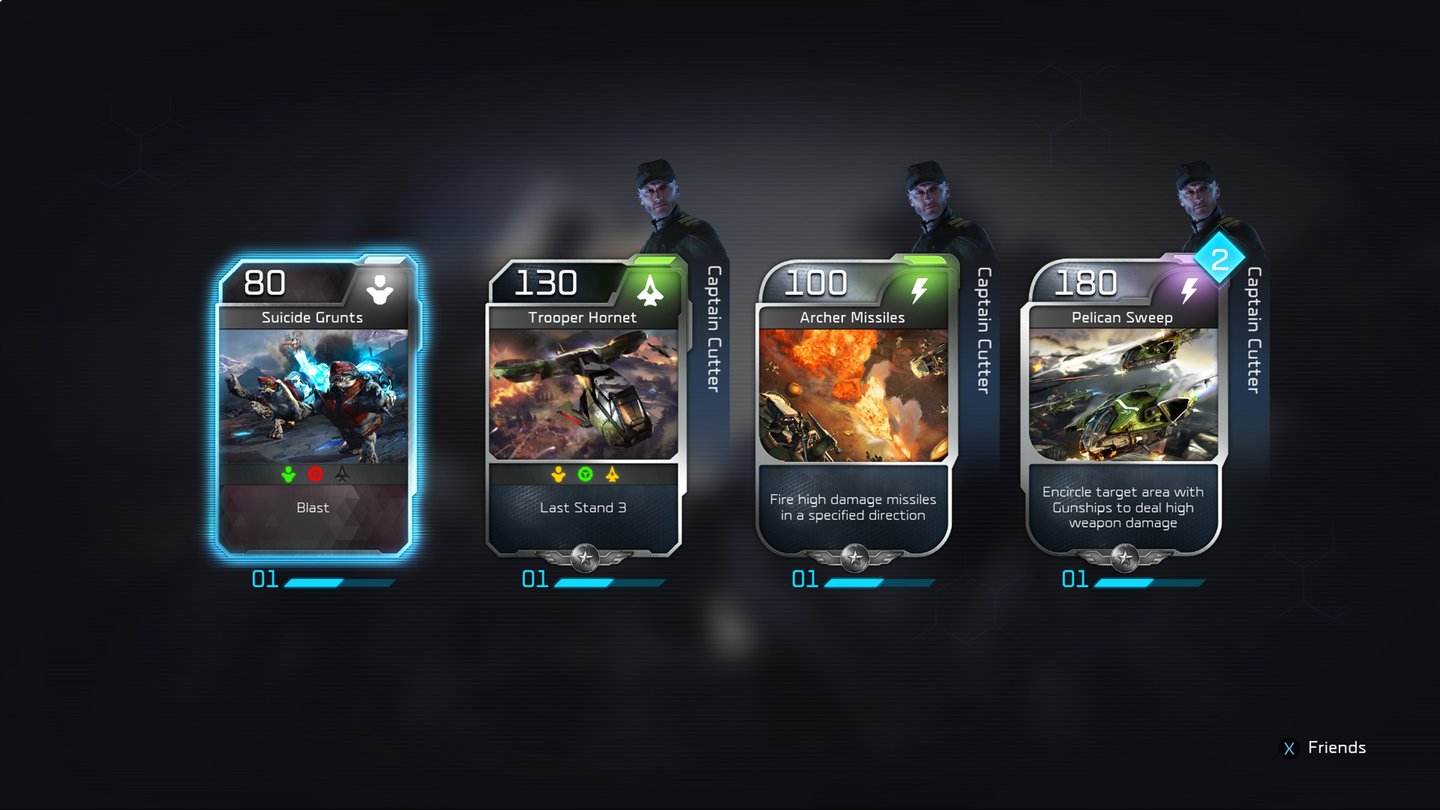 Halo Wars 2 - BlitzManche Karten lassen sich von allen Befehlshabern einer Fraktion nutzen, andere nur von bestimmten. Hier sind etwa drei Spezialkarten von Captain Cutter zu sehen.