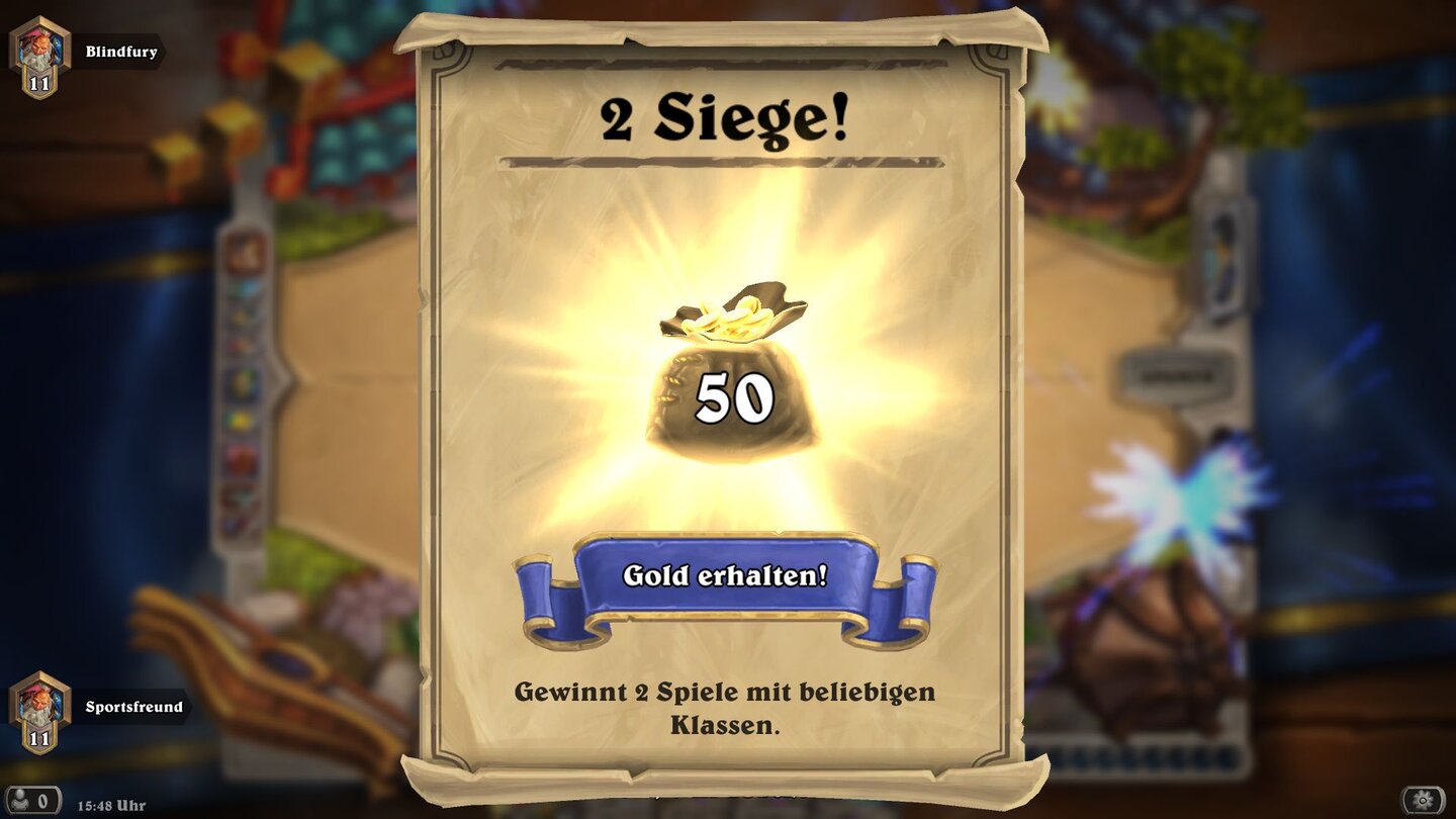 HearthstoneWir kassieren nach gerademal zwei Siegen 50 Gold als Questbelohnung, was immerhin einem halben Kartenpaket entspricht.