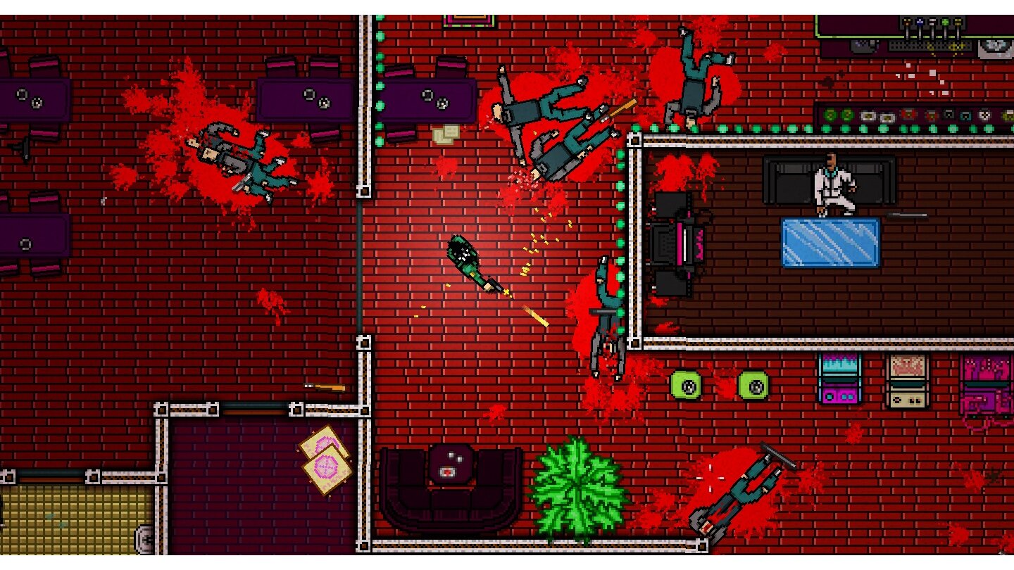 Hotline Miami 2: Wrong NumberDie Level sind wesentlich detailreicher, Patronenhülsen sammeln sich jetzt auf dem Boden.