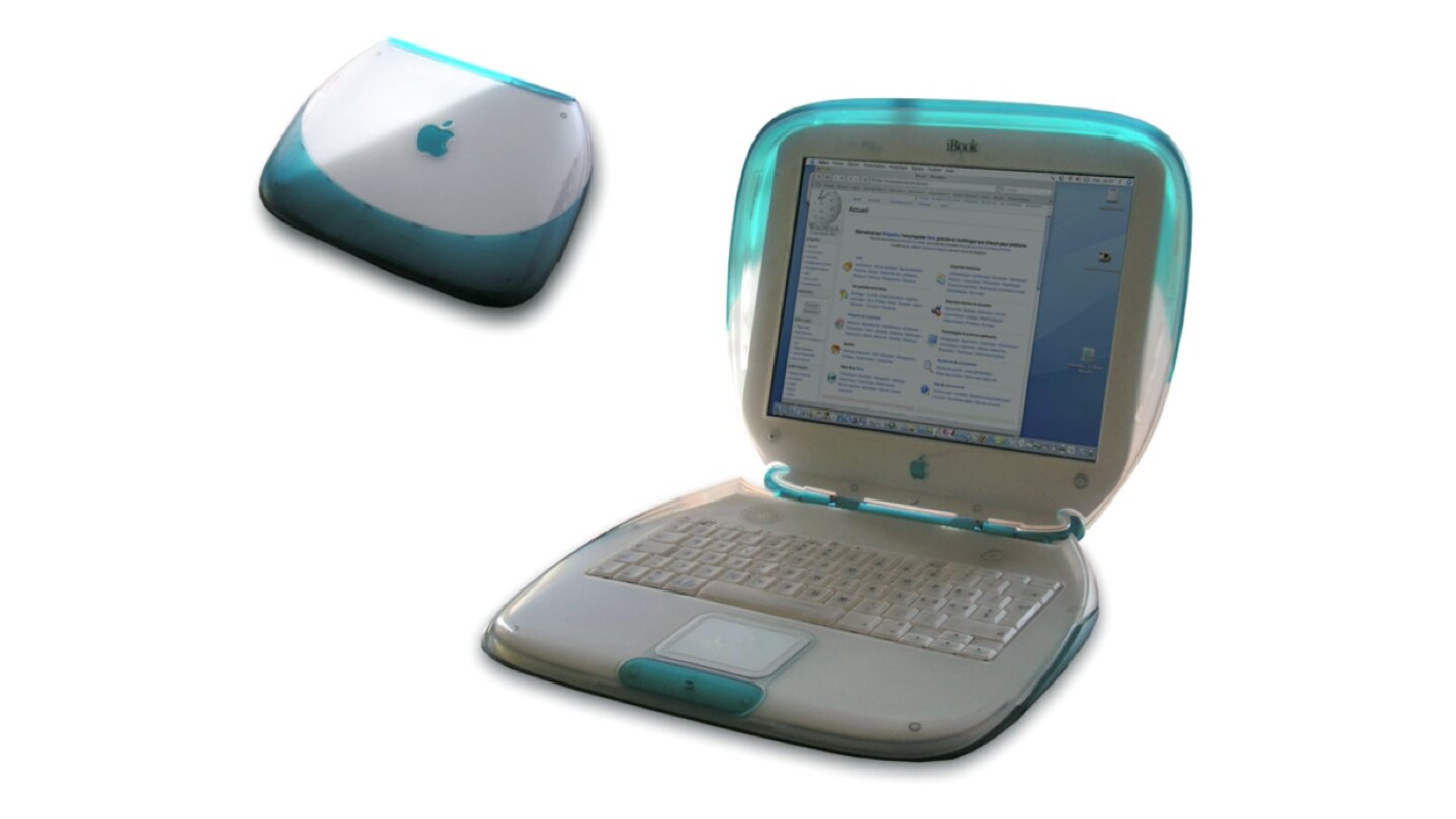 iBook (199)Folgerichtig setzt Apple beim iBook ein Jahr später auf die gleiche Design-Philosophie. Das Notebook (wegen seiner Form »Clamshell« getauft) wird mit seinem moderaten Preis von 1.599 Dollar ein Publikumsliebling.