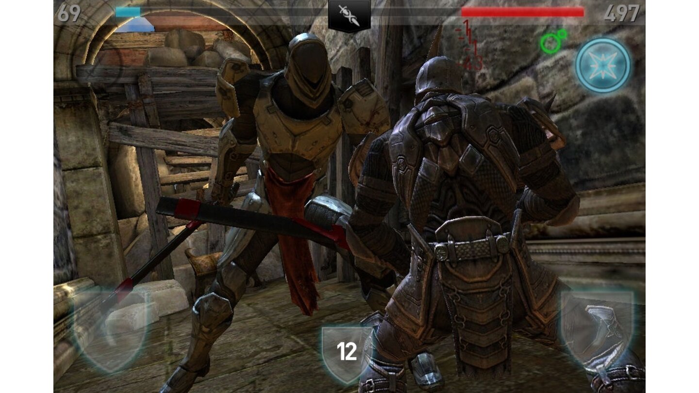 Infinity Blade 2Unser Dorn im Einsatz: Der Gegner ist bereits vergiftet und verliert deshalb ständig Energie (rechts oben).