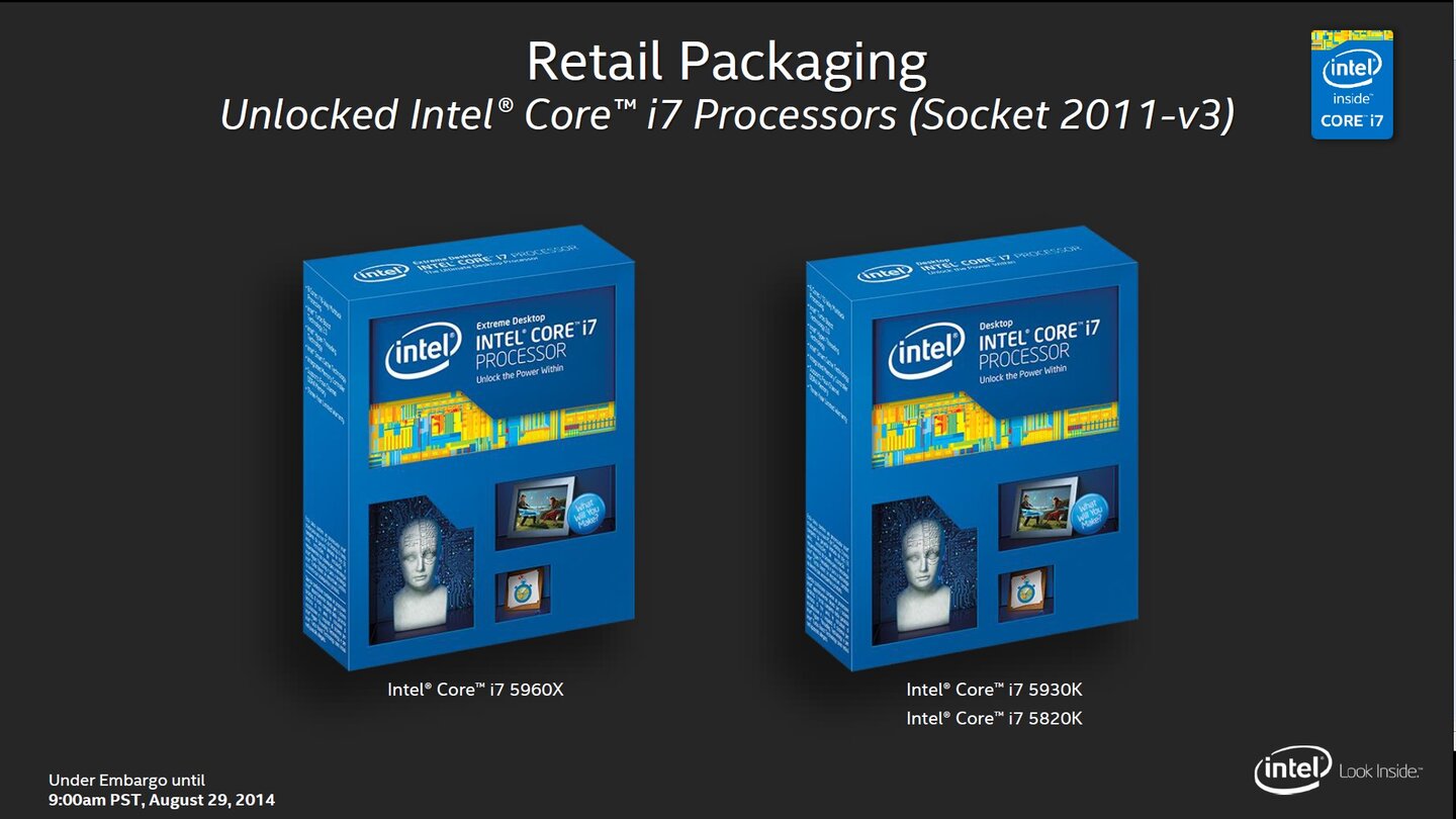 Das Achtkerner-Flaggschiff Intel Core i7-5960X und die Sechskerner Intel Core i7-5930K und i7-5820K in Originalverpackung.