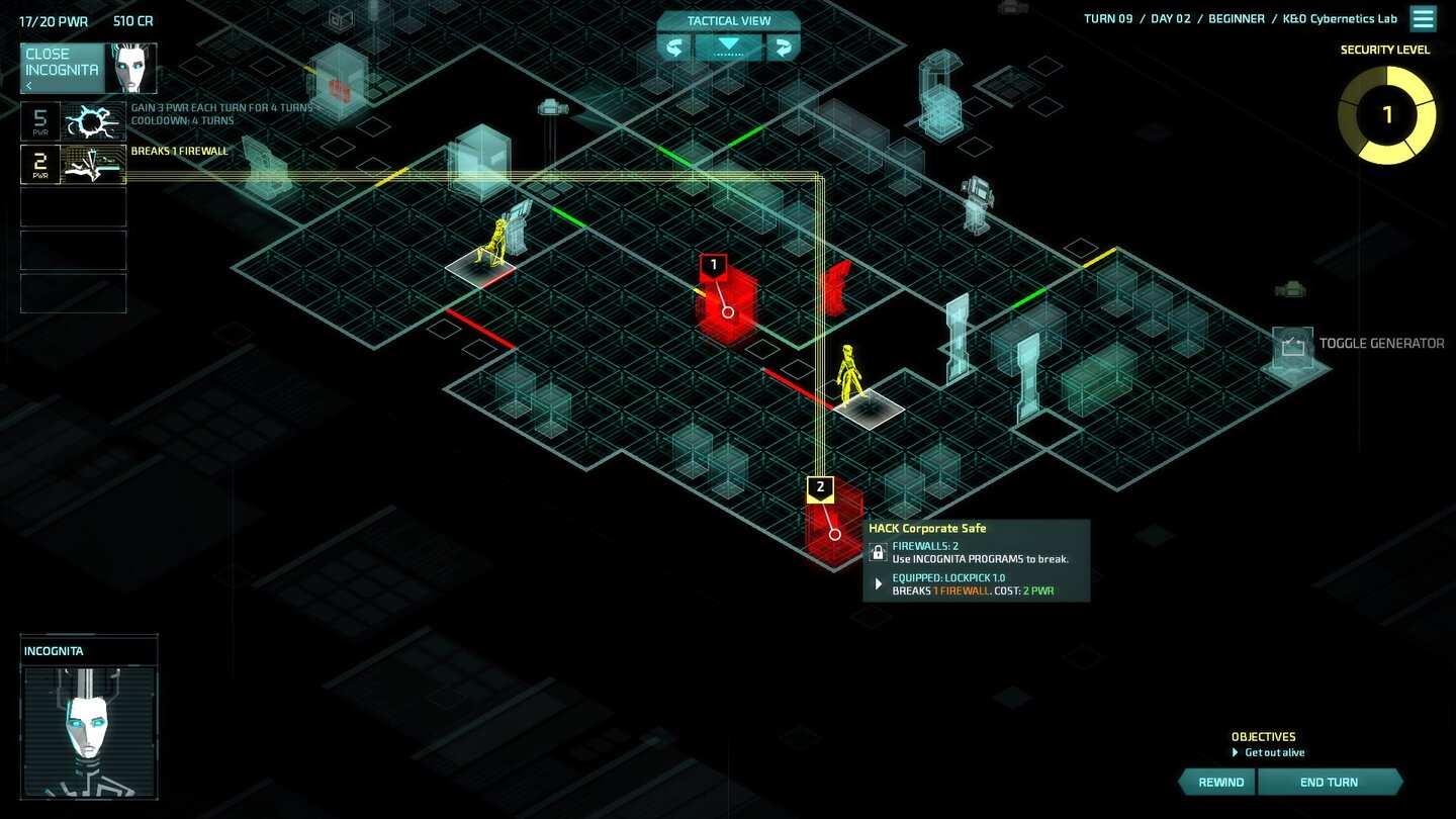 Invisible, Inc.In diesem Interface hacken wir den Sicherheitsapparat und knacken mit genug Energie zum Beispiel einen Safe. Hoffentlich ist da auch was Nützliches drinnen.